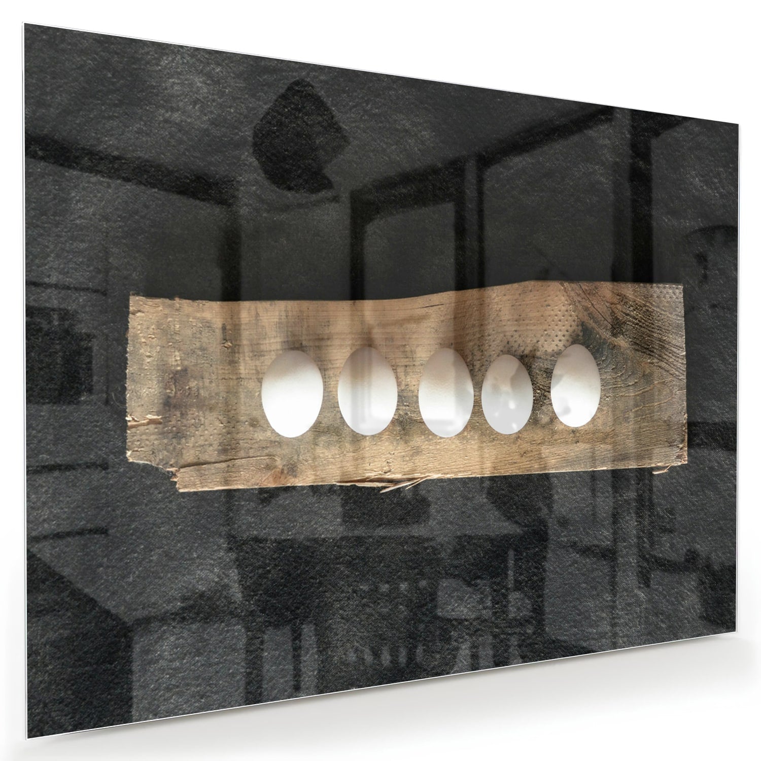 Elegant glazen schilderij met vier lichtpunten, perfect voor moderne interieurs.