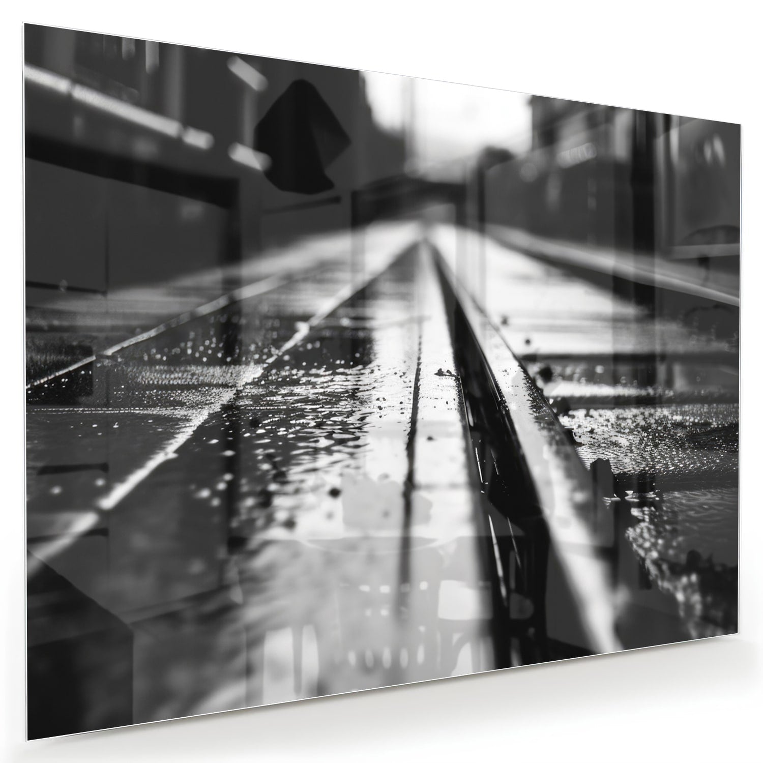 Zwart-wit glazen schilderij van natte straten in een moderne woonruimte.