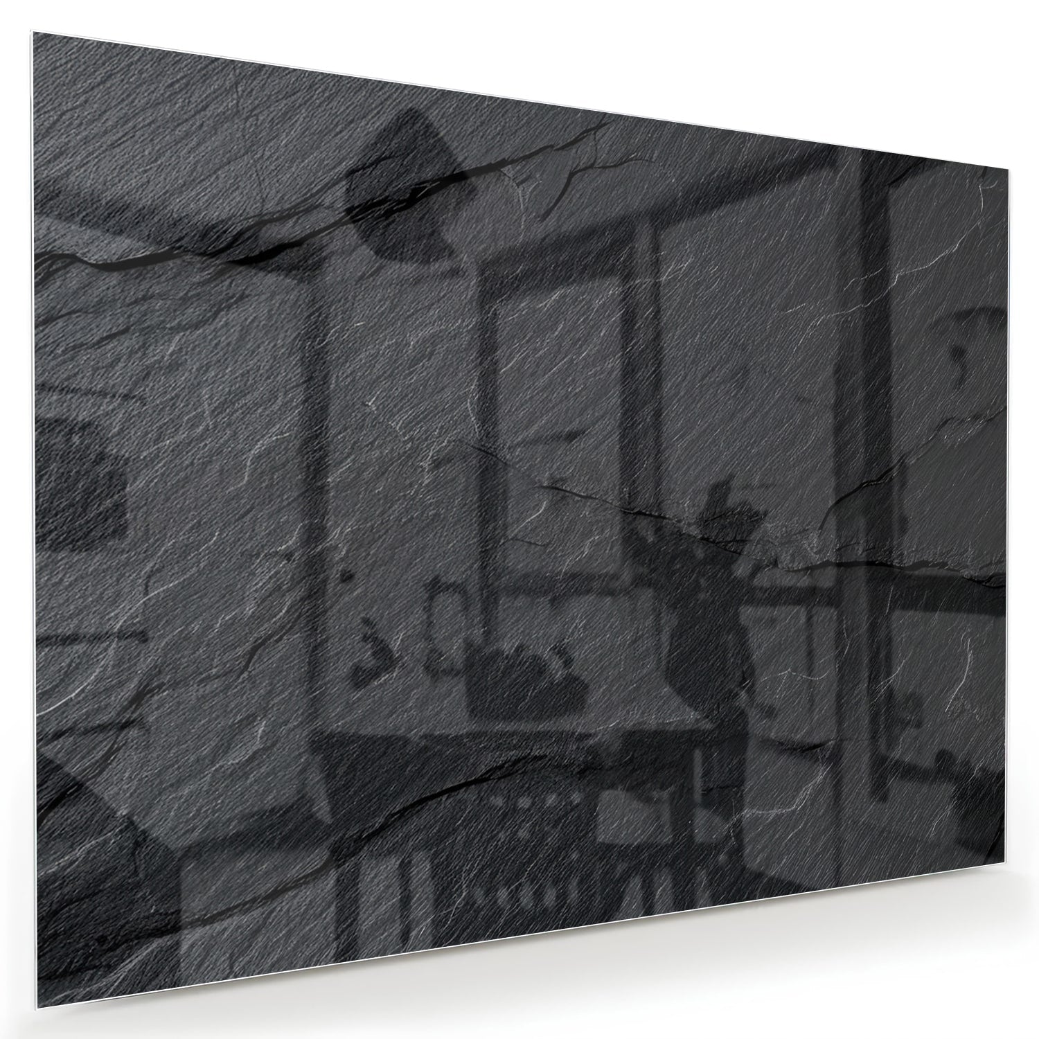 Modern glazen schilderij met abstracte zwart-witte patronen aan de muur