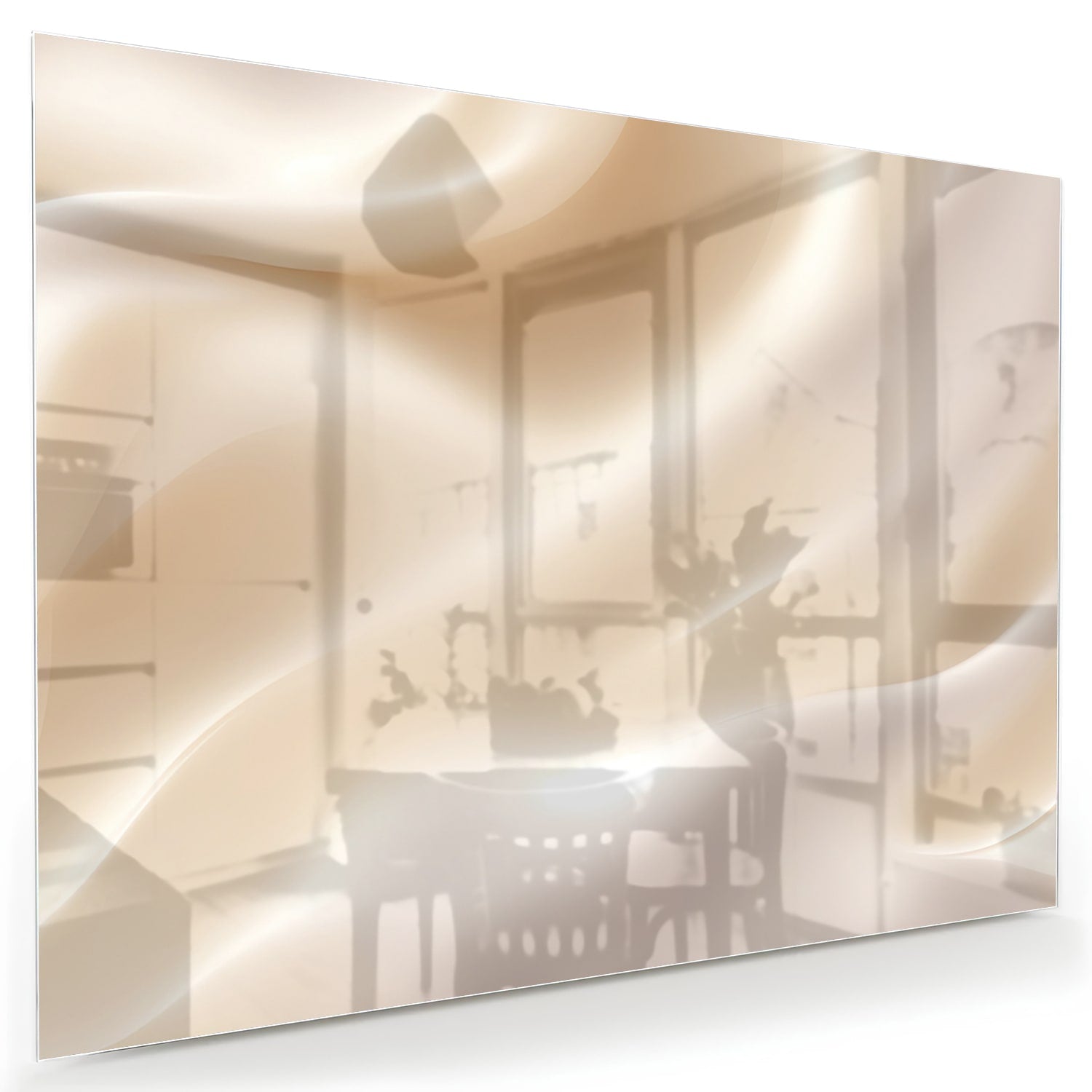 Minimalistisch glazen schilderij met warme tinten in een moderne woonkamer.