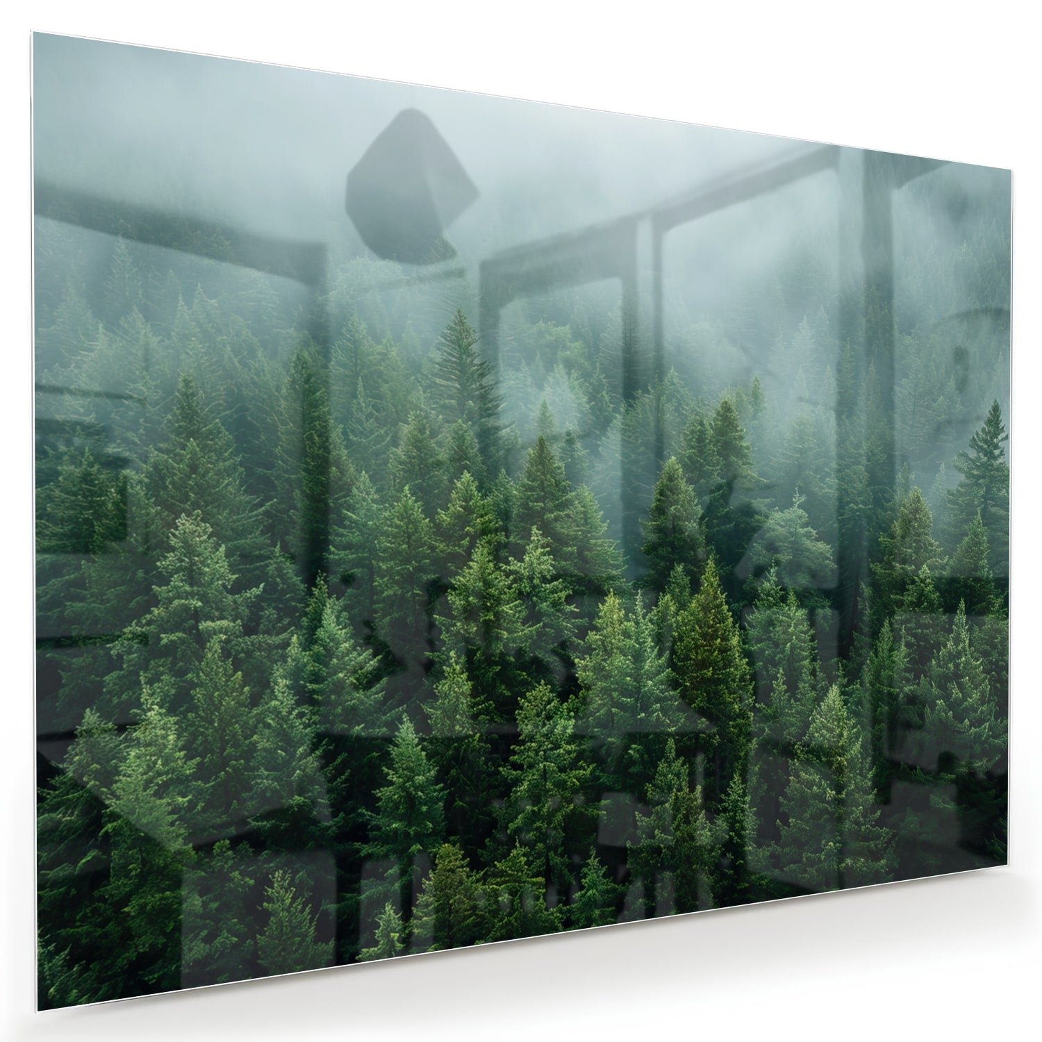 Glazen schilderij van dennenbossen in mist aan de muur