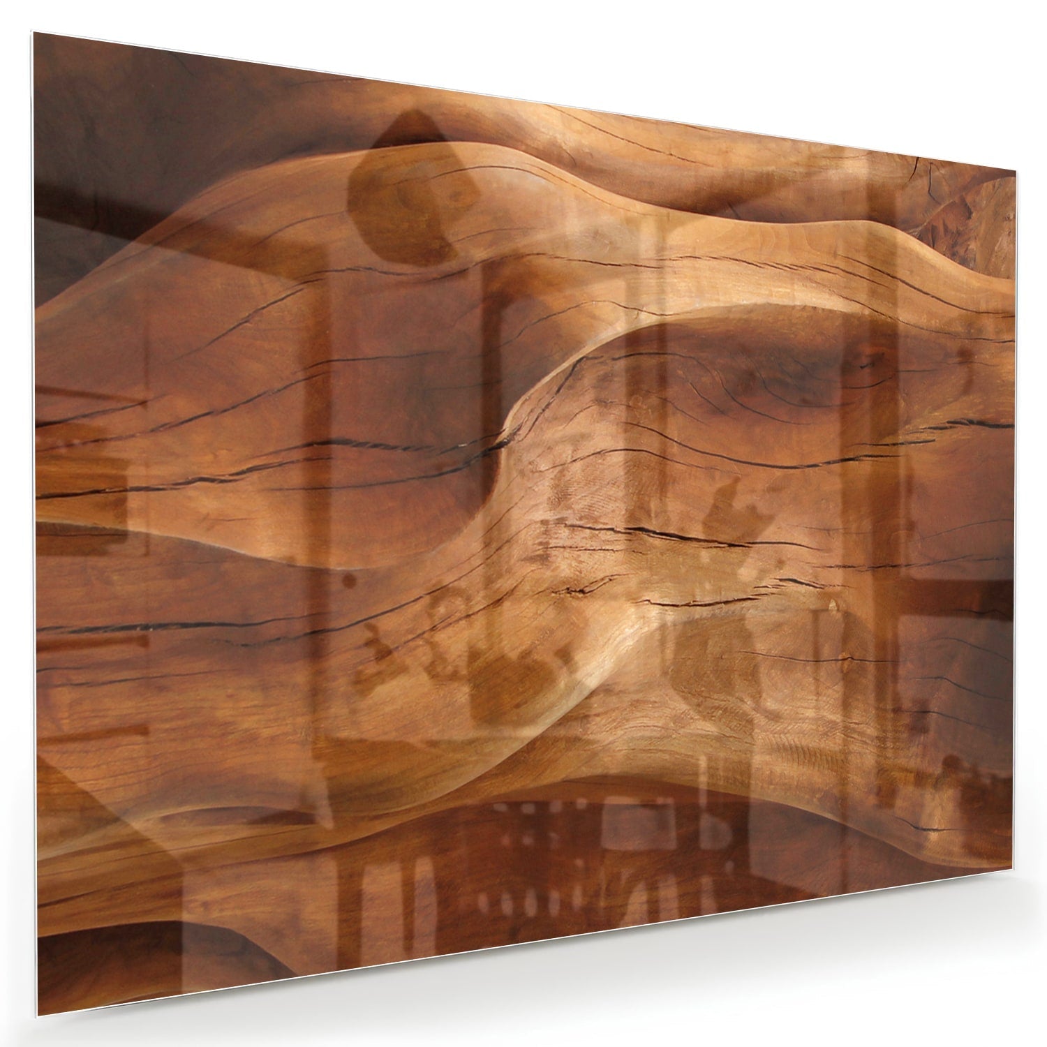 Abstract glazen schilderij met warme houttinten boven een moderne kast in een lichte woonkamer.