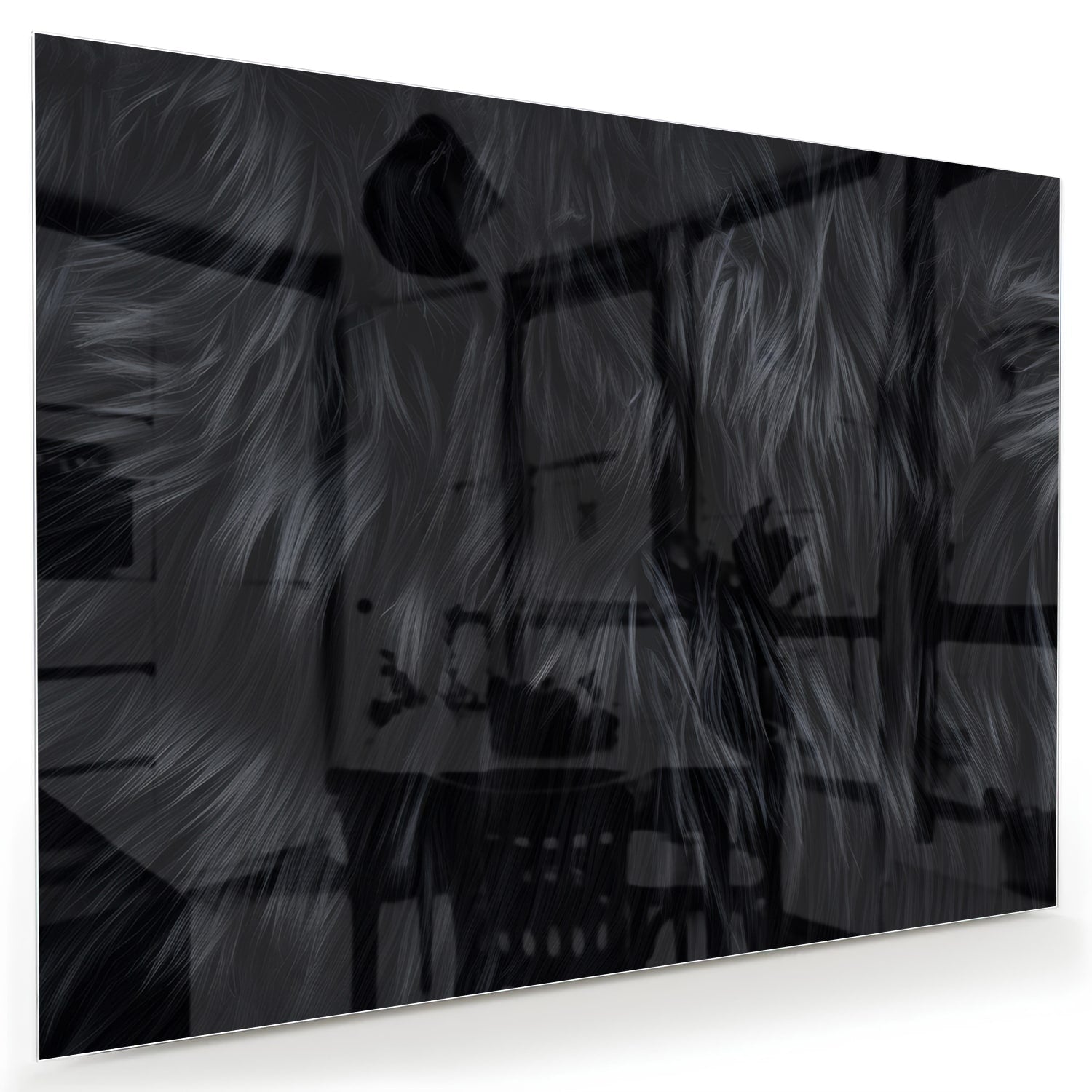 Zwart glazen schilderij met abstracte patronen aan de muur