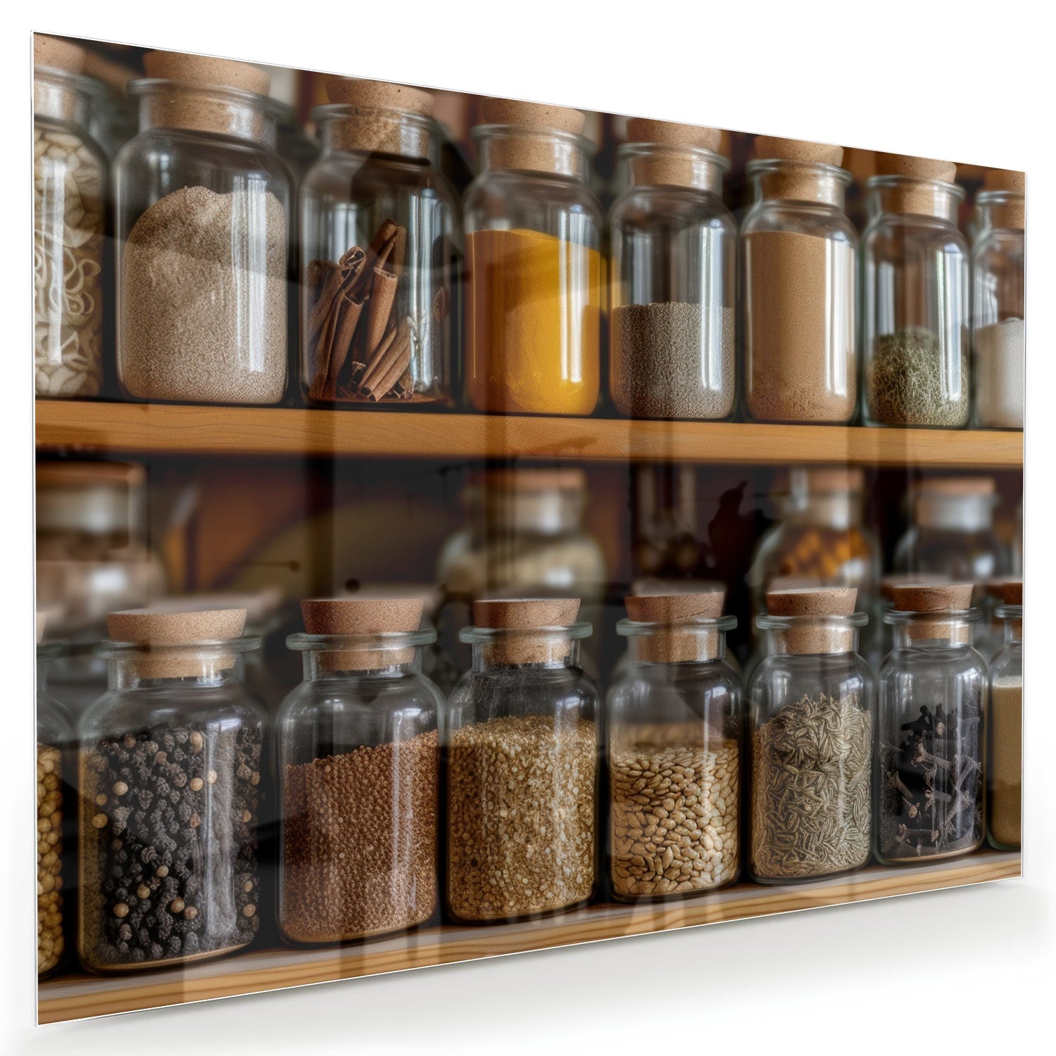 Glazen schilderij met een houten plank vol Mason jars gevuld met specerijen.
