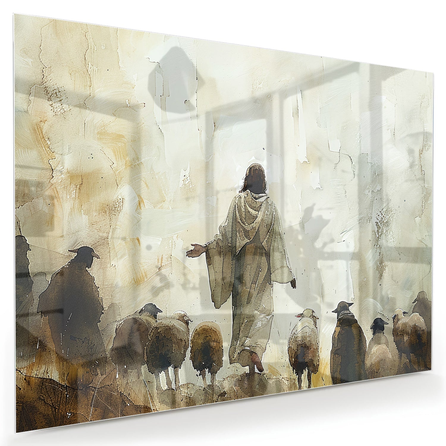 Glazen schilderij van een geestelijke die schapen leidt in warme aardse kleuren.