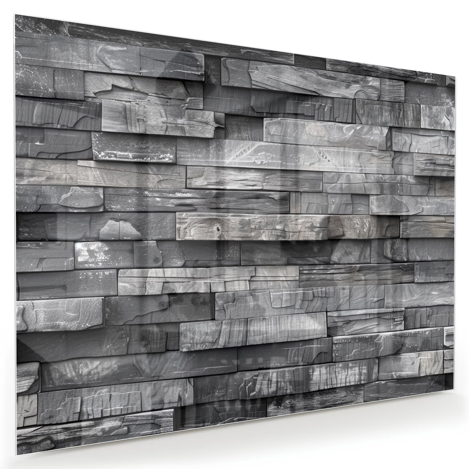 Moderne glazen schilderij met grijze texturen aan een lichte muur.