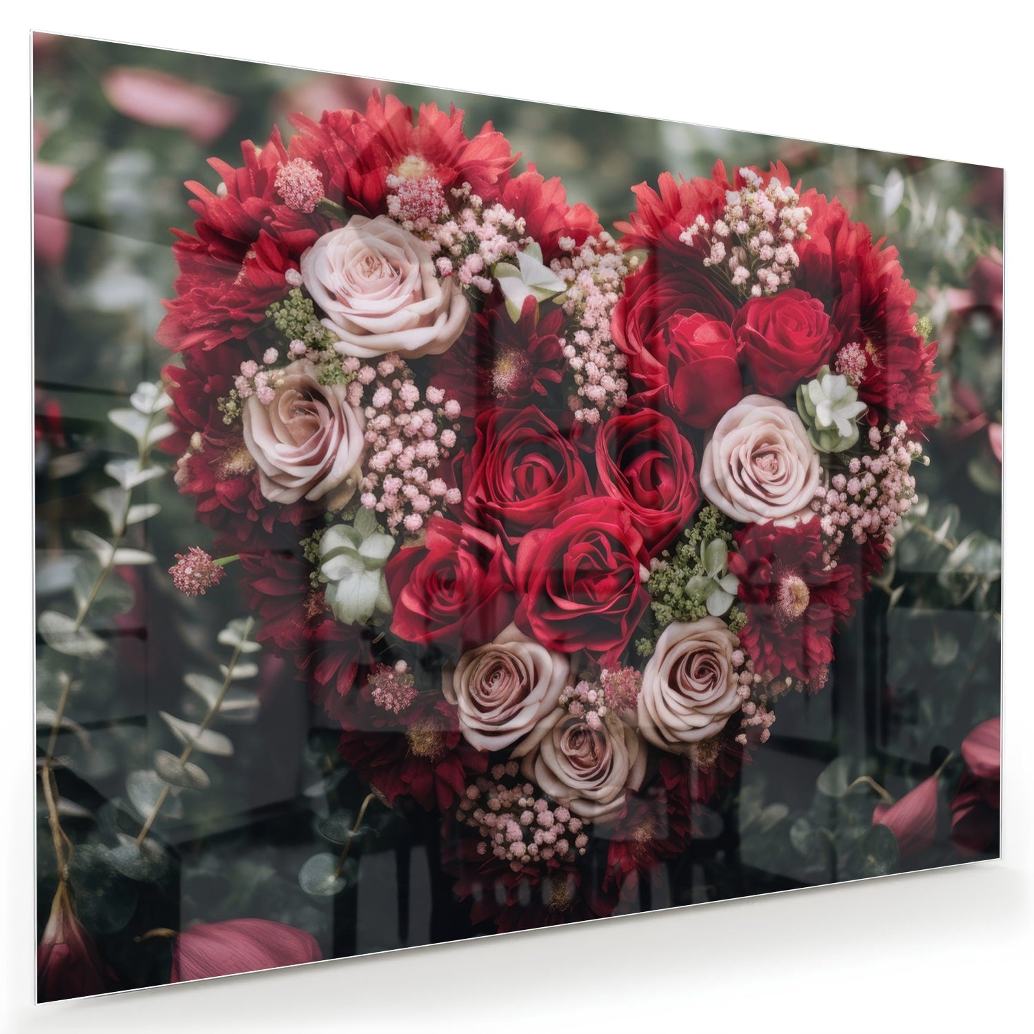 Glazen schilderij met hartvormige bloemmotieven in rood en roze