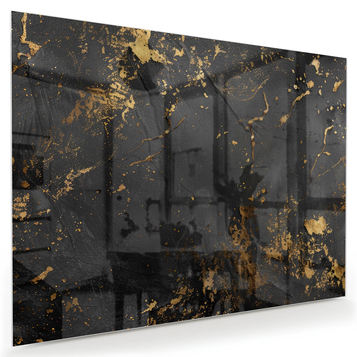 Modern glazen schilderij met abstracte gouden spatten op een zwarte achtergrond.