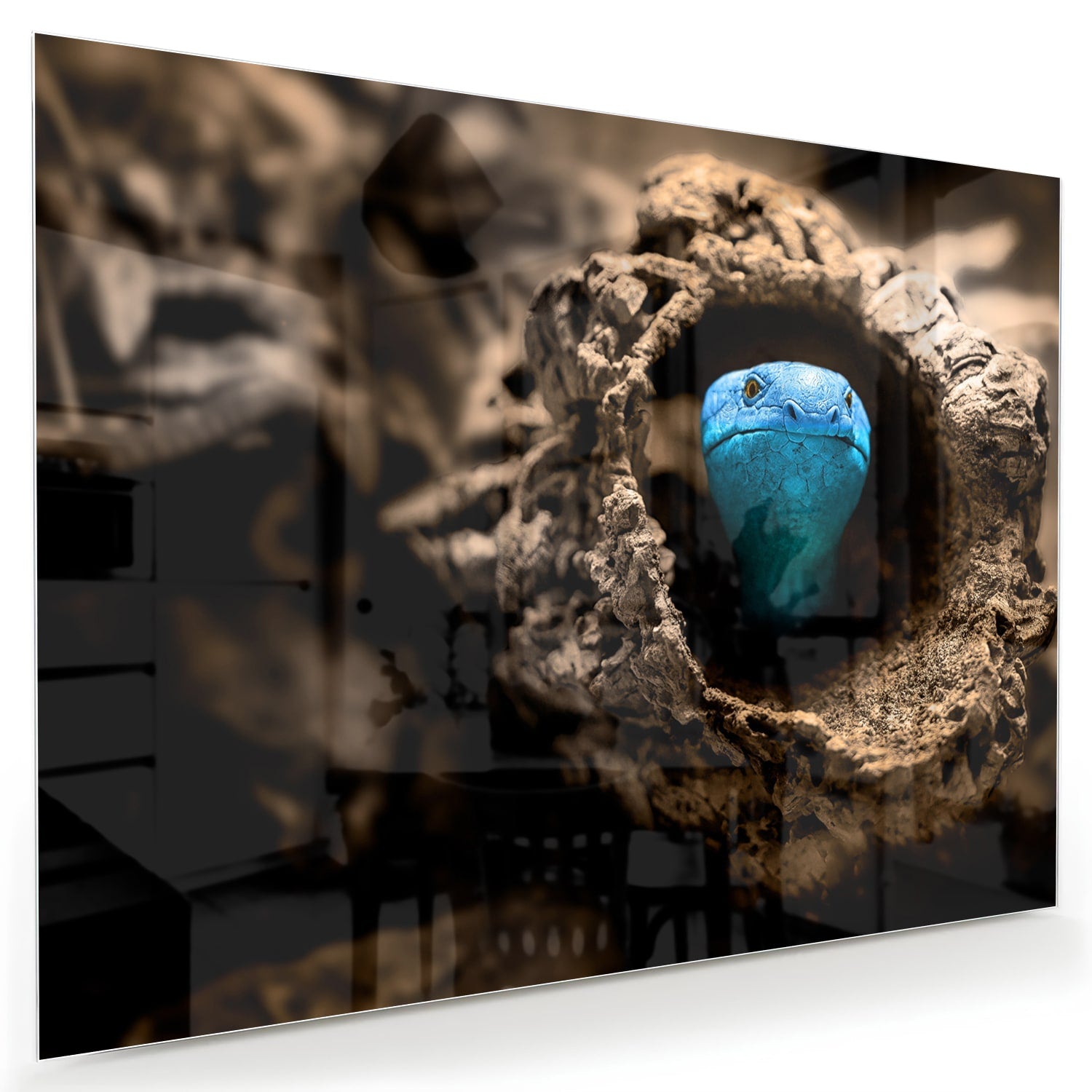 Glas schilderij met een blauwe parel in een nest, stijlvol en modern.