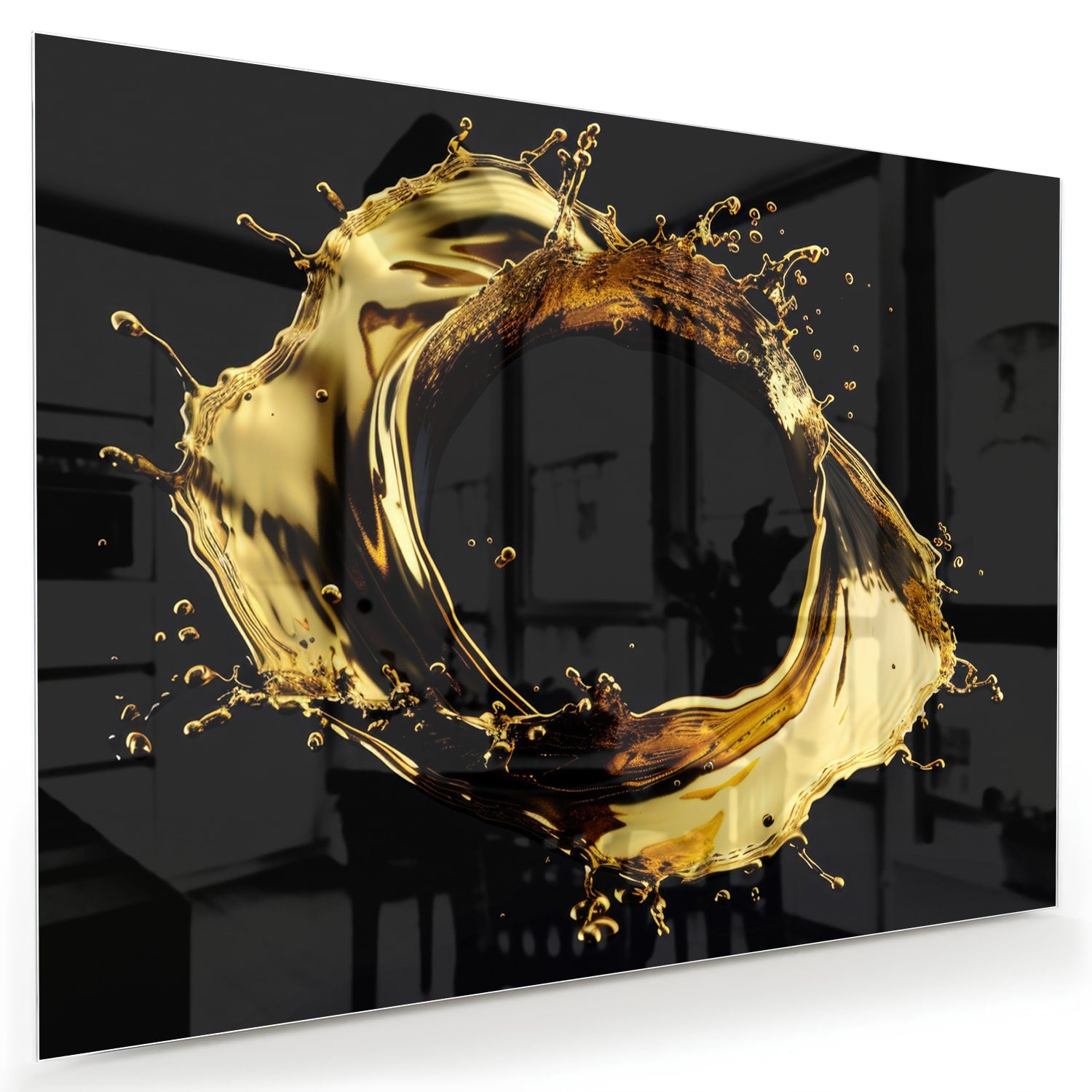 Luxe glazen schilderij met gouden spatten op zwarte achtergrond