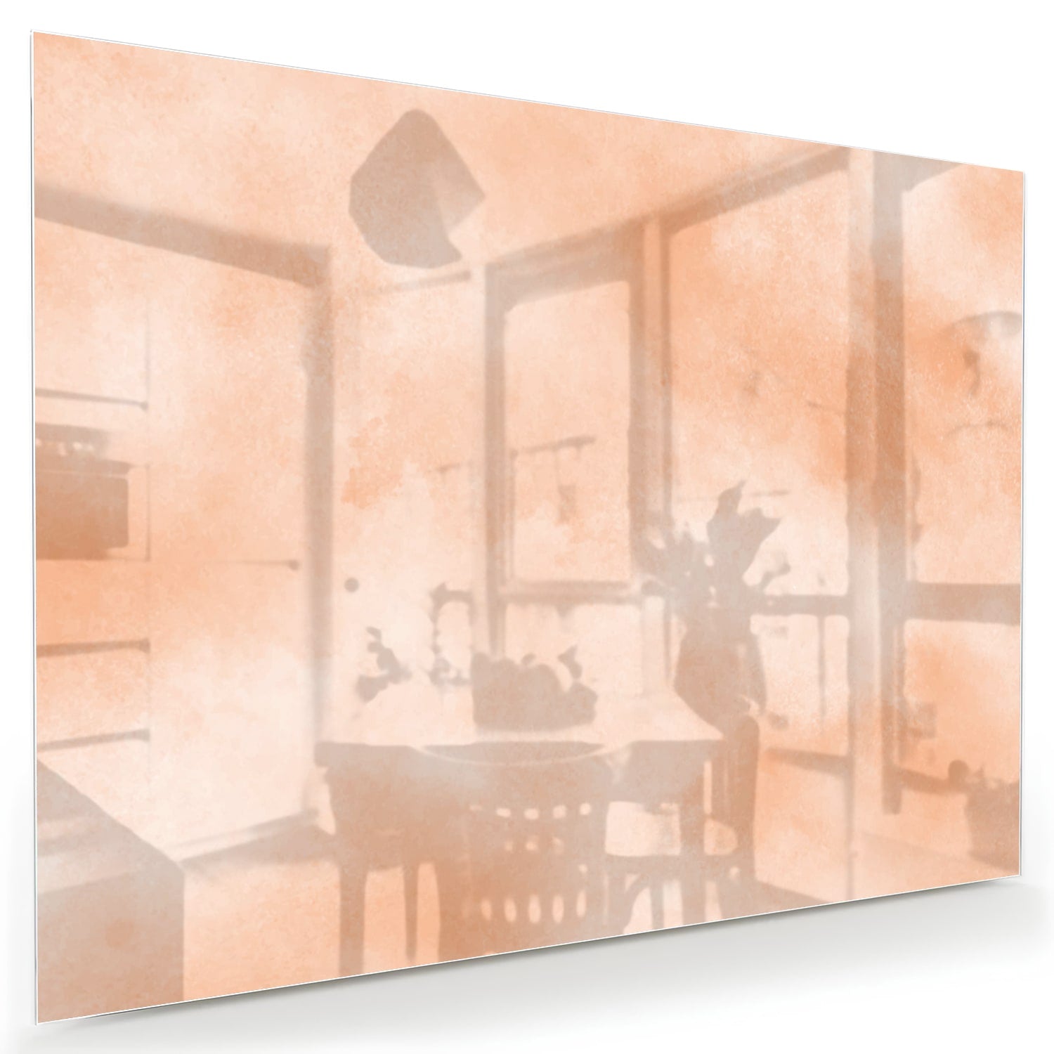 Glas schilderij in warme aardetinten hangt boven een houten kast in een moderne woonkamer.