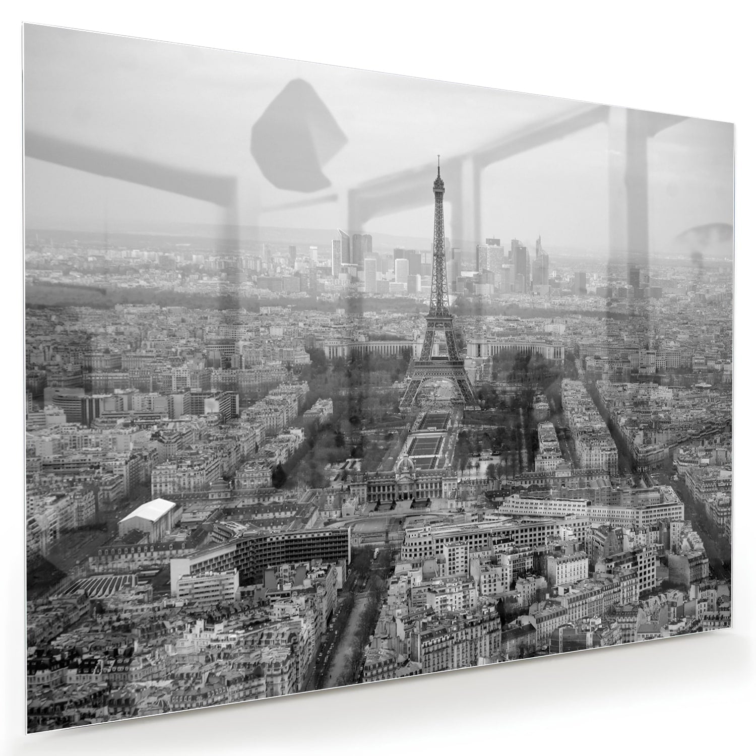 Zwart-wit glazen schilderij met uitzicht op de Eiffeltoren in Parijs
