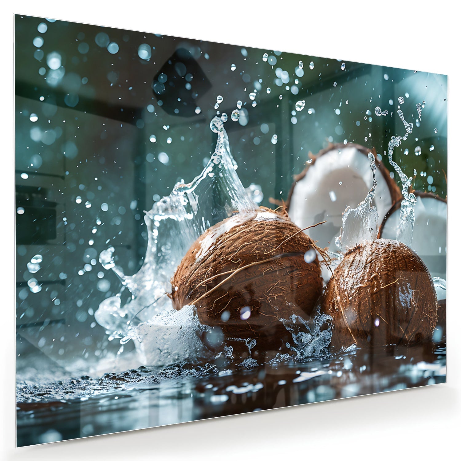 Glas schilderij van kokosnoten met spetters water, perfect voor wanddecoratie.