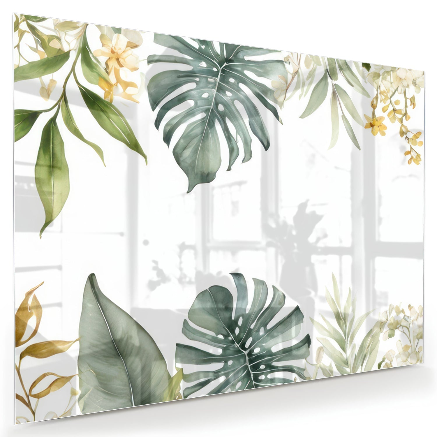 Glazen schilderij met tropische bladeren en botanische elementen aan een witte muur.
