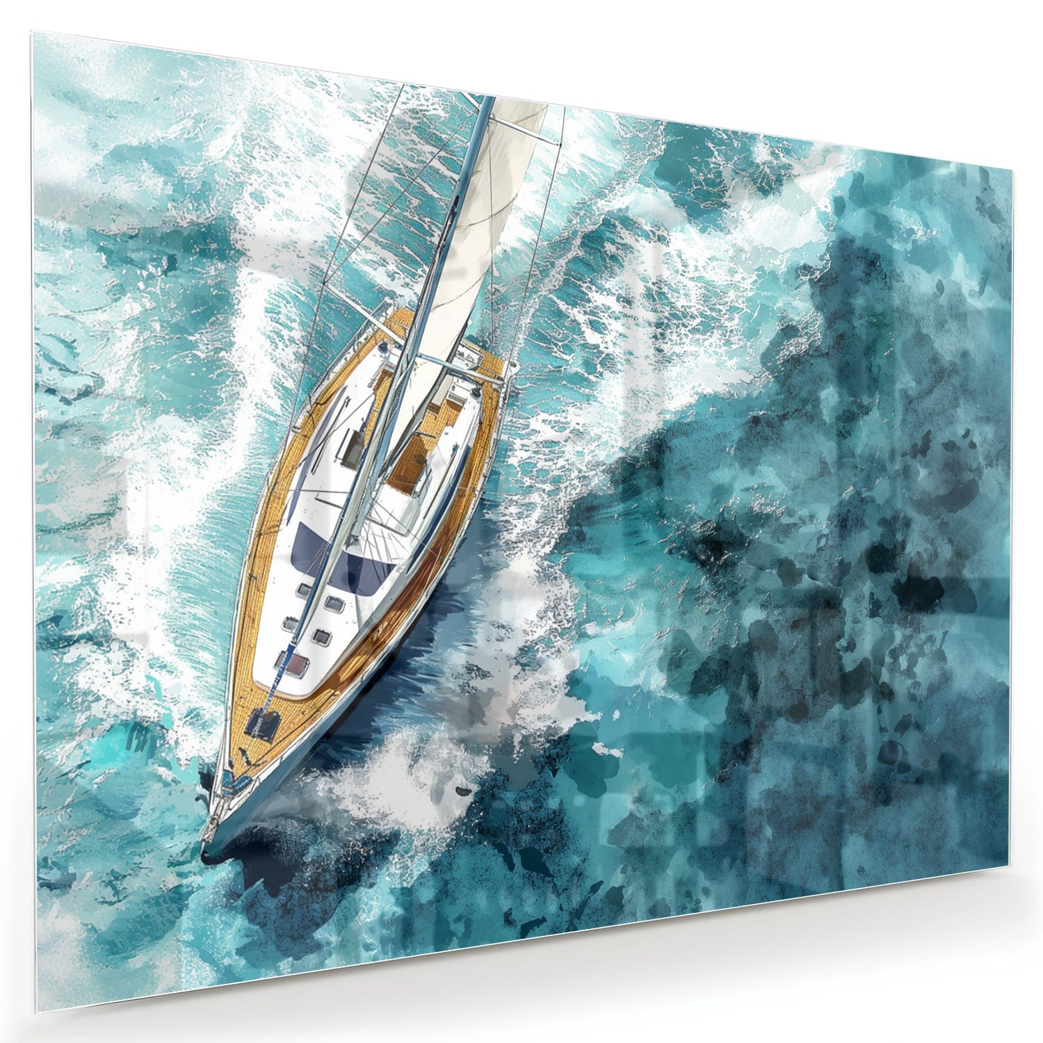 Glazen schilderij van een jacht die over een turquoise zee vaart.