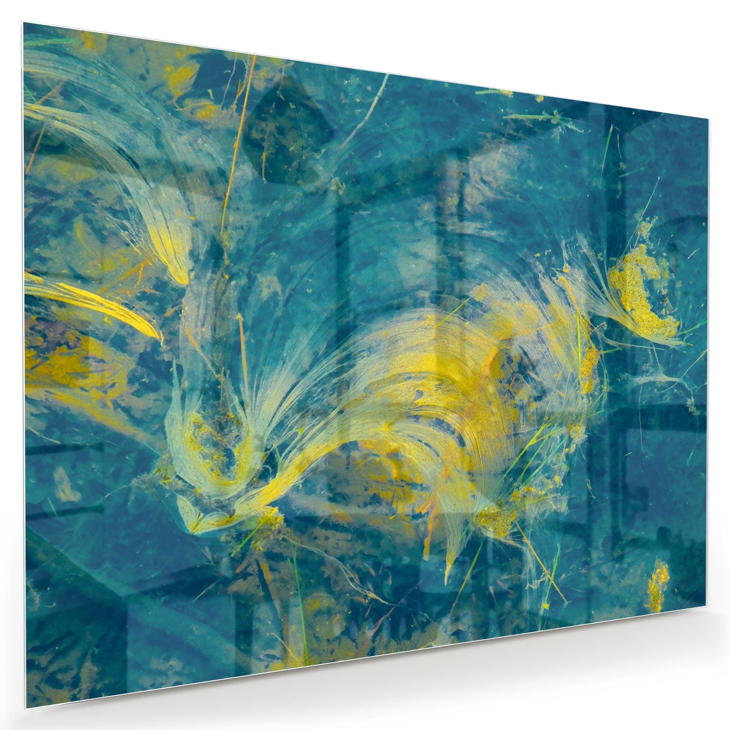 Abstract glazen schilderij met blauw en geel dat aan de muur hangt