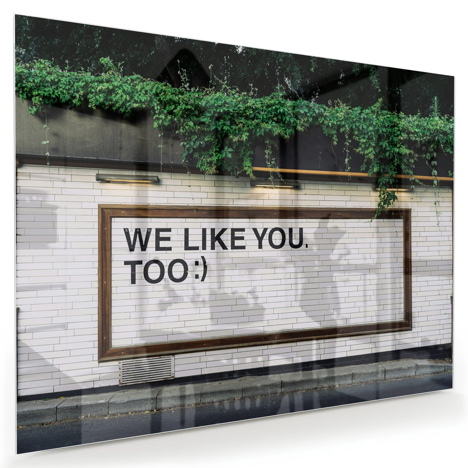 Glas schilderij met de tekst 'We Like You Too' en groene planten achtergronden.