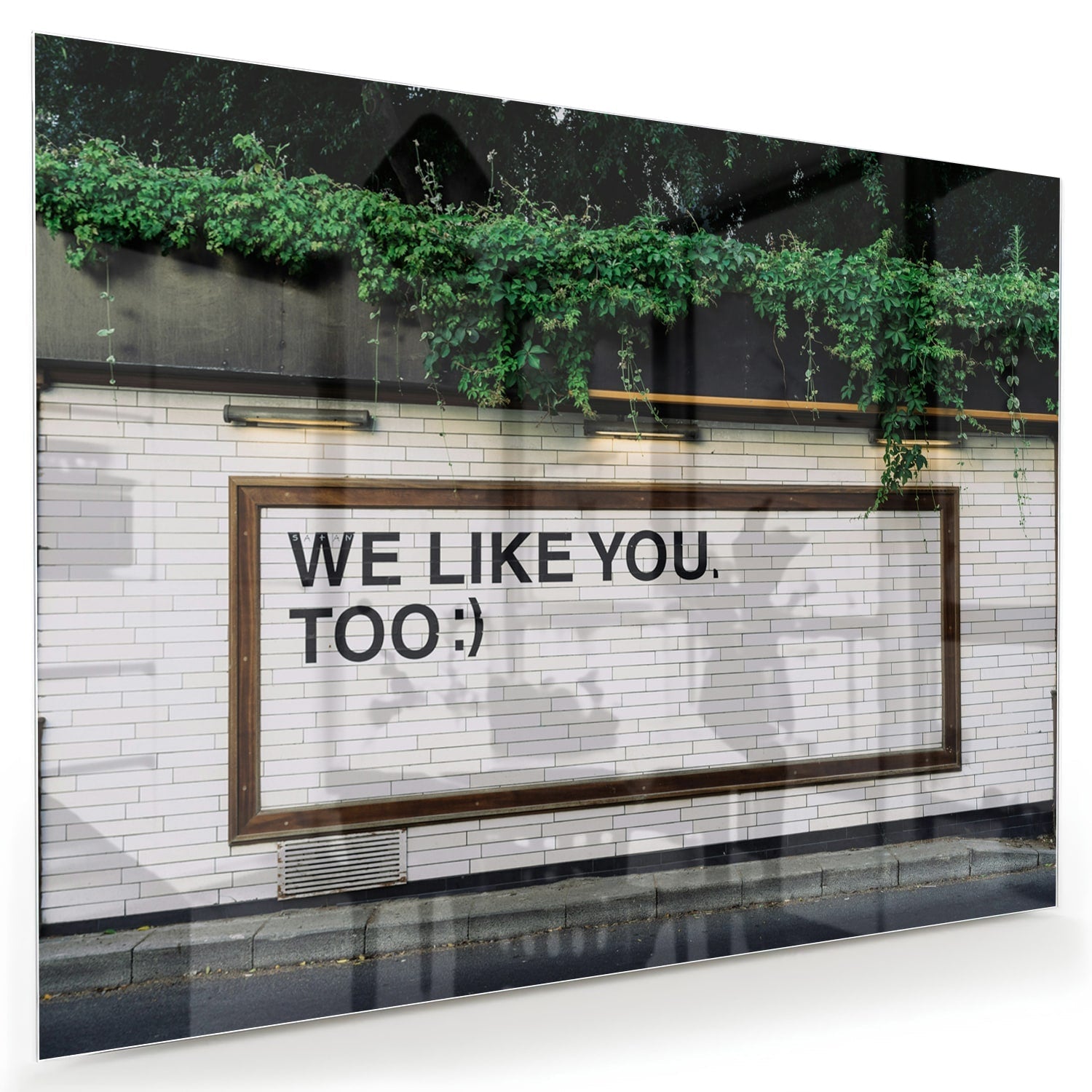 Glas schilderij met de tekst 'We Like You Too' en groene planten achtergronden.