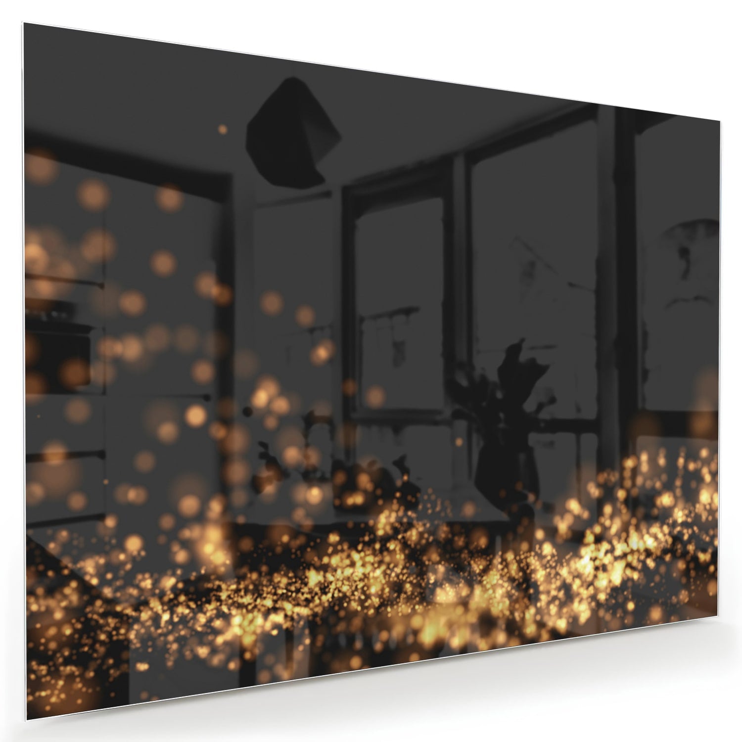 Glazen schilderij met gouden lichtpuntjes op een zwart vlak, ideaal voor moderne interieurs.