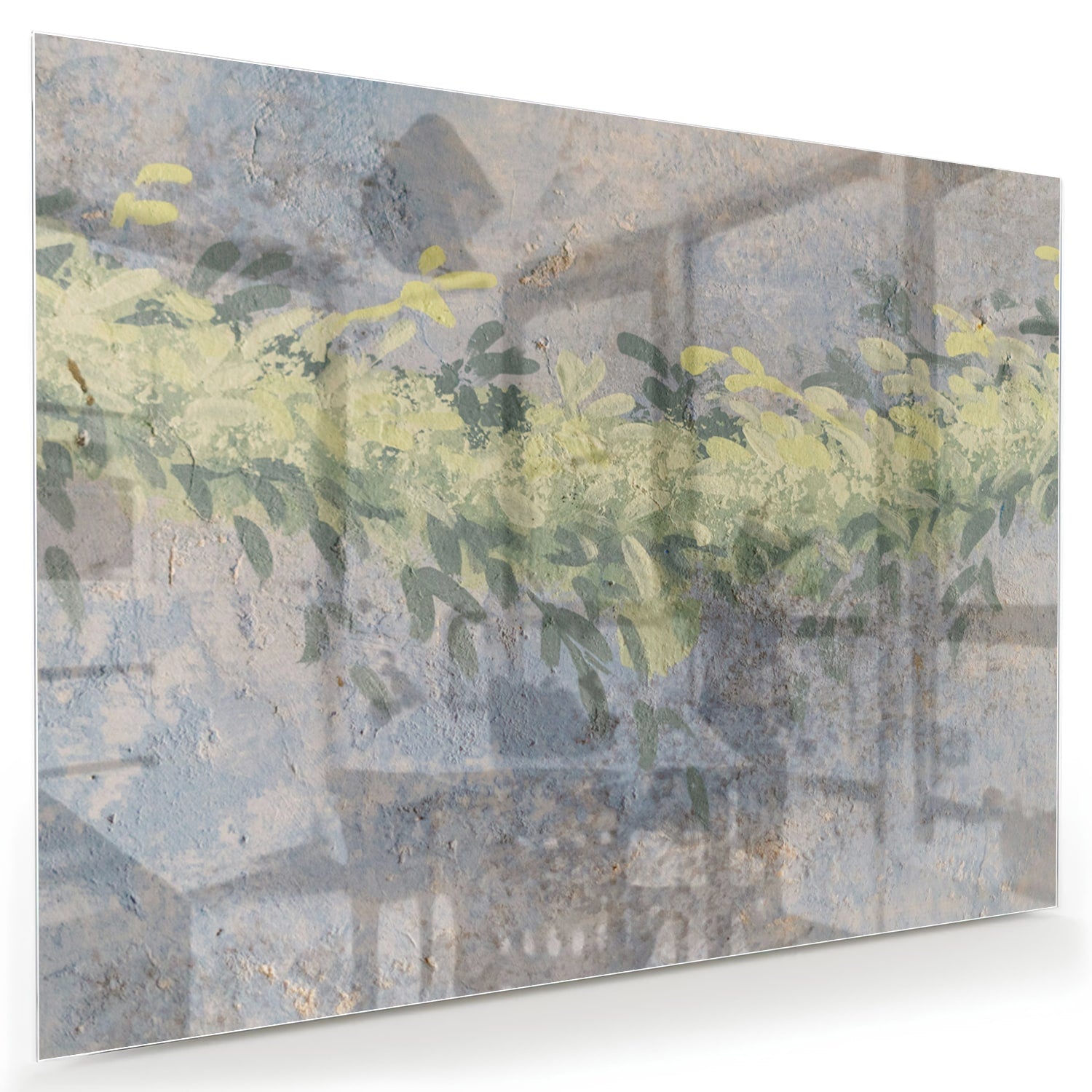 Glazen schilderij van gele bloemen in een lichte kamer