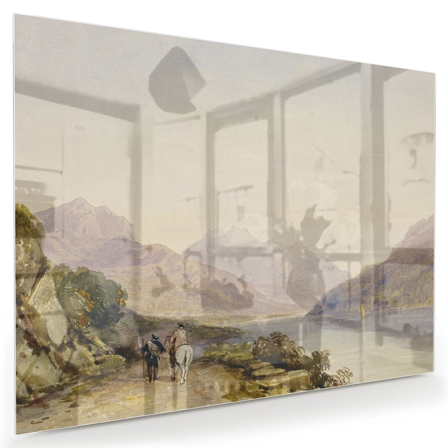 Glazen schilderij van een serene natuurlijke landschaapscne met bergen en water.