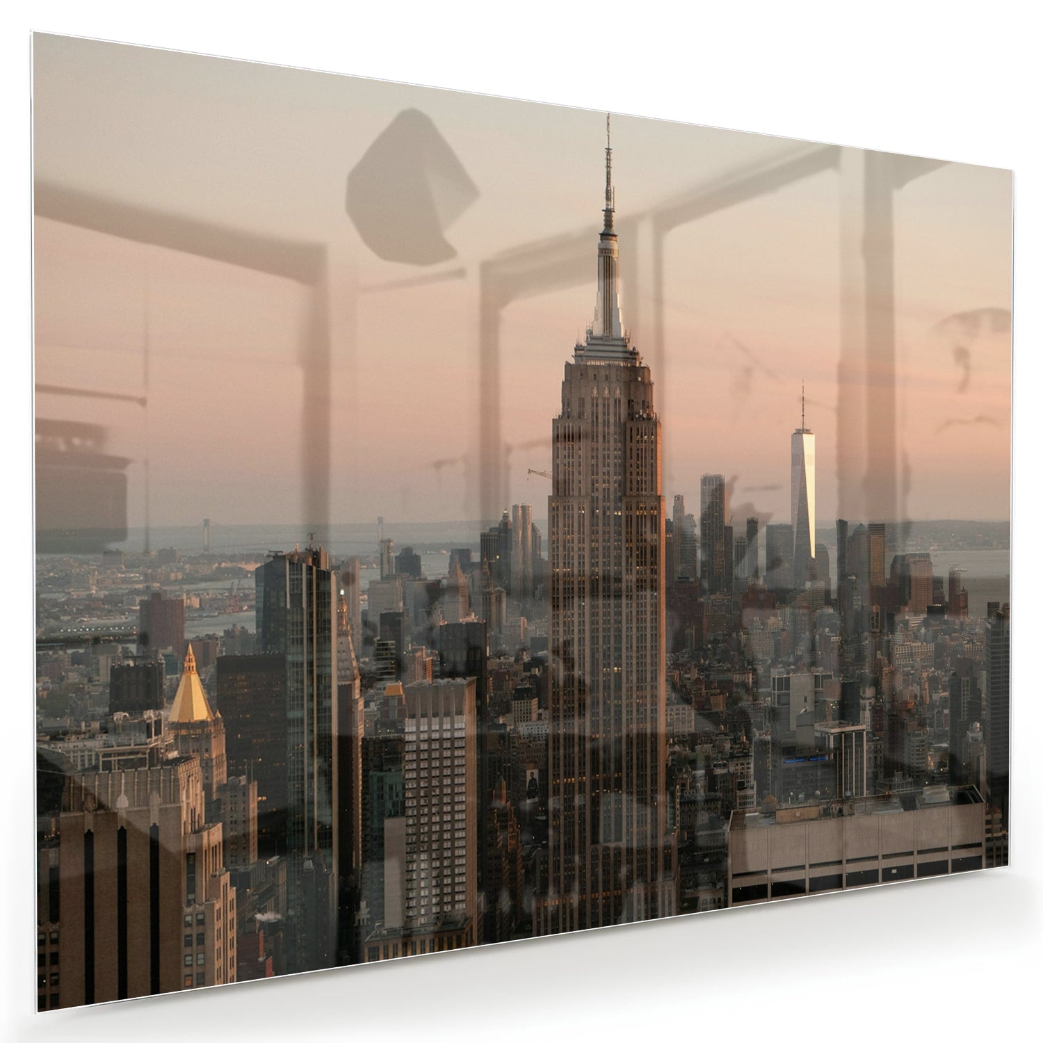 Glazen schilderij van de Empire State Building met een mooie zonsondergang