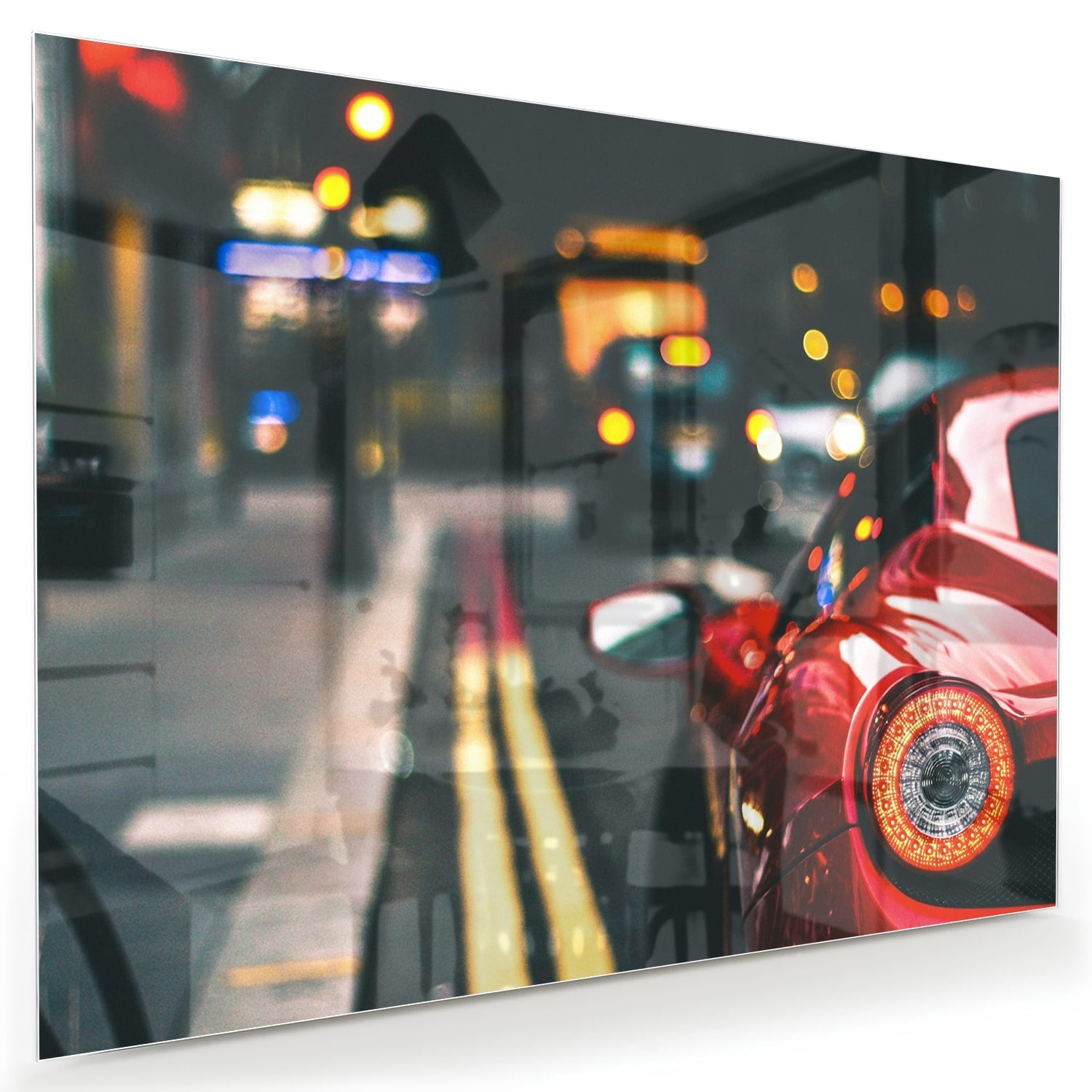 Glazen schilderij van een rode auto in een stedelijke omgeving