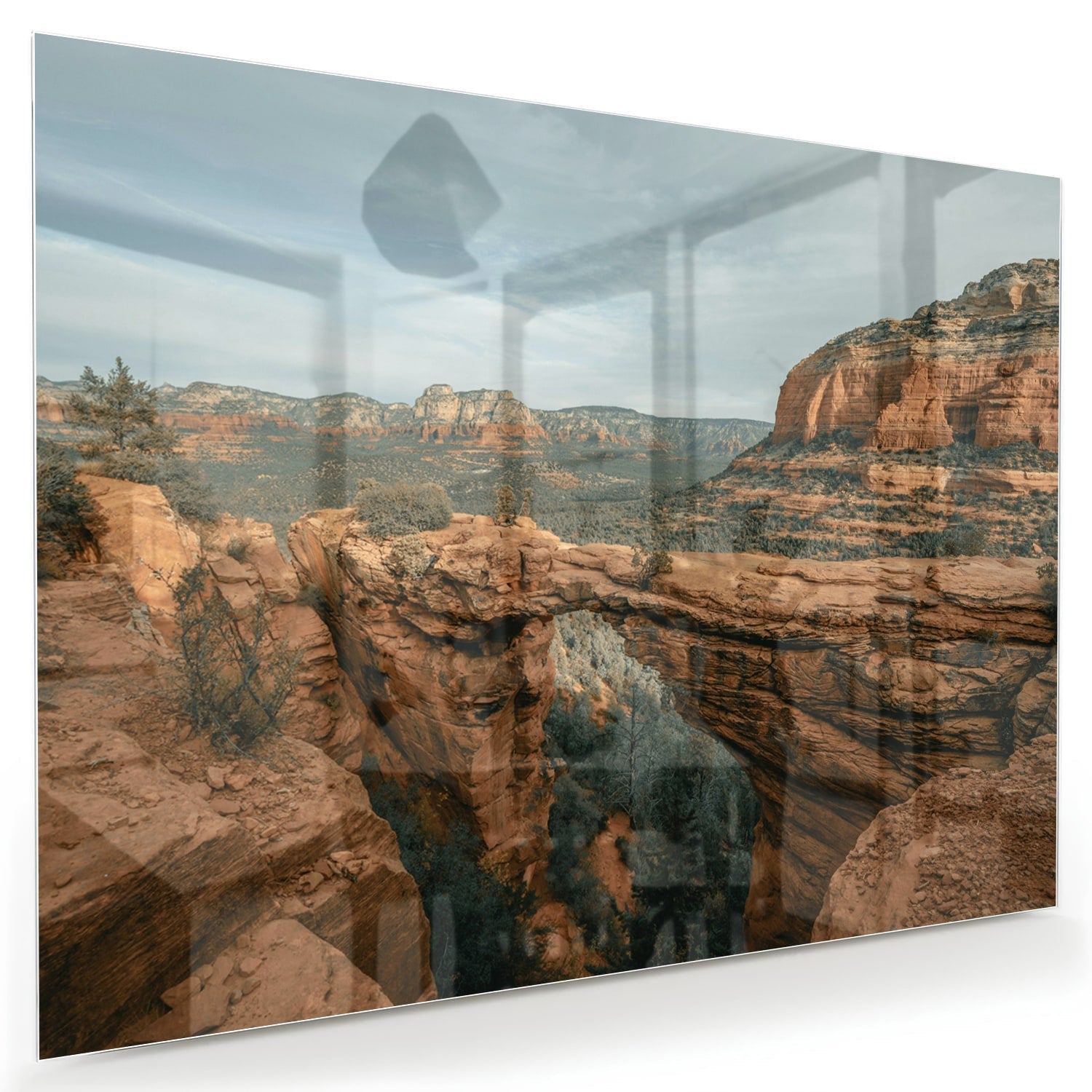 Glazen schilderij van berglandschap in warme aardetinten