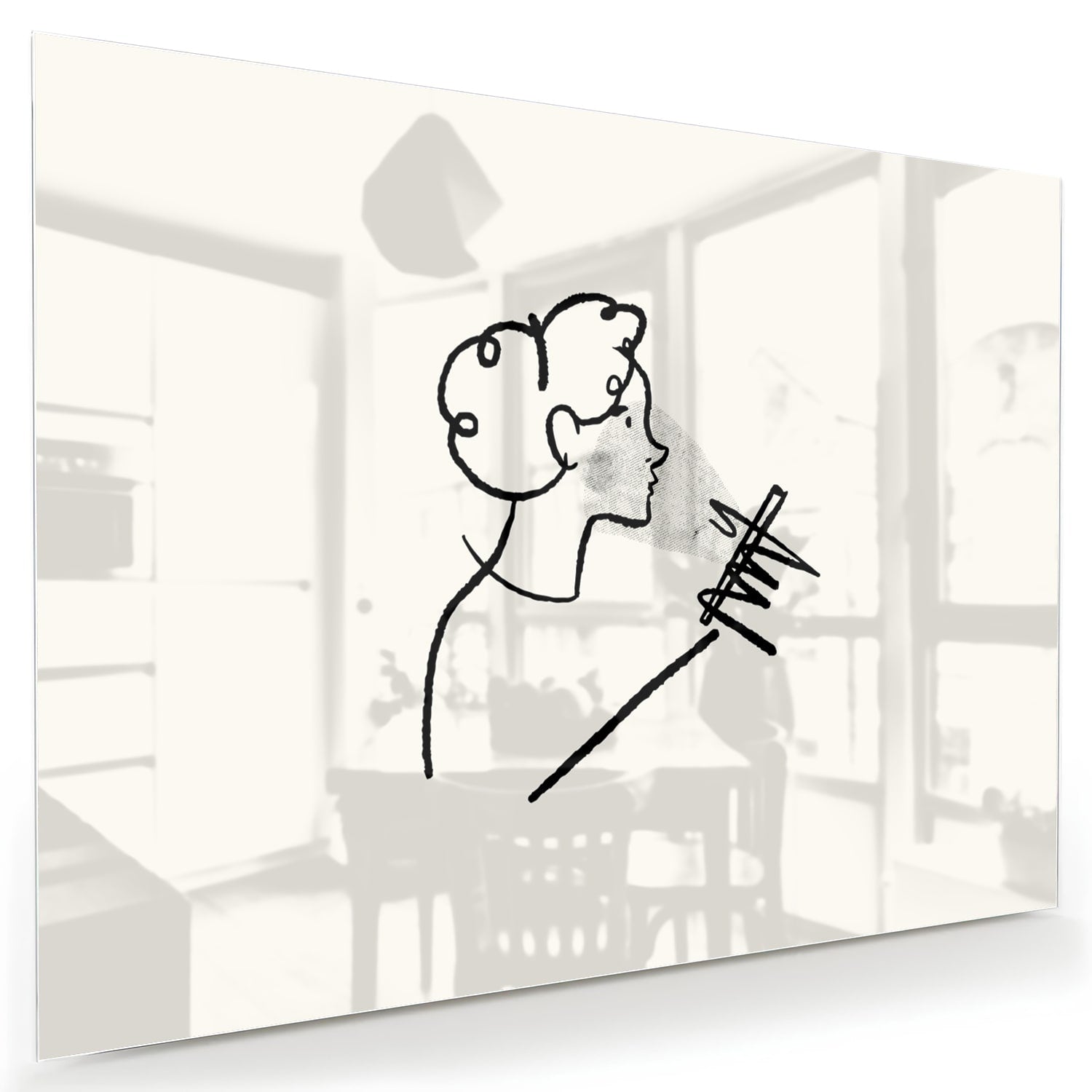 Minimalistisch glazen schilderij met abstracte lijntekening van een figuur.