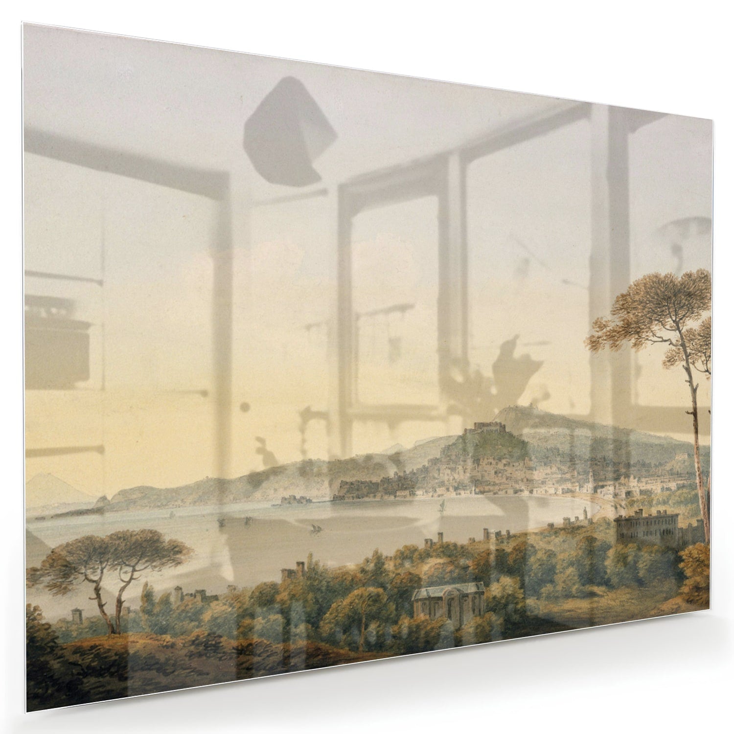 Glazenschilderij van een rustiek landschap met bergen en zonsopgang.
