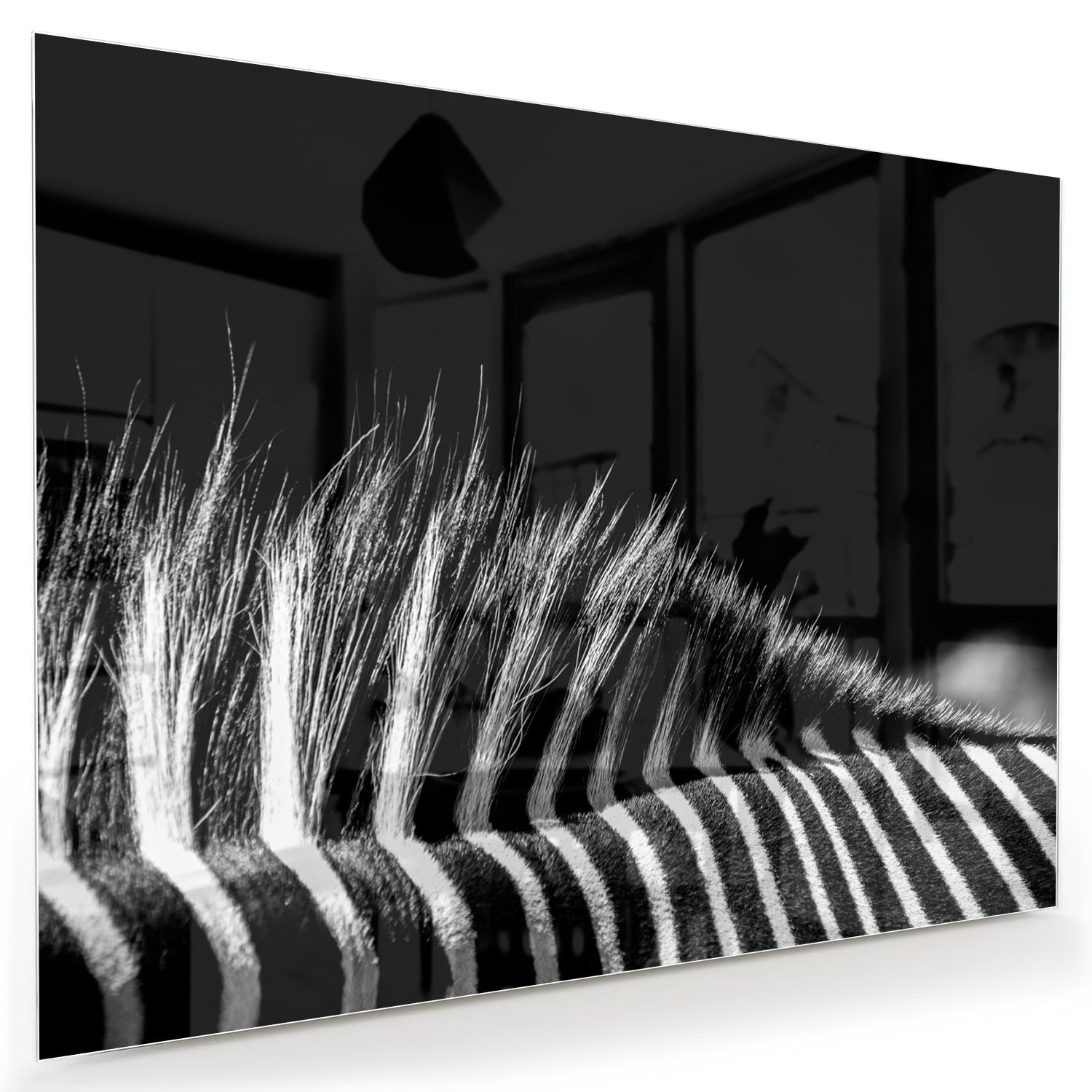 Een modern zwart-wit glazen schilderij met naadloze lijnen aan de muur.