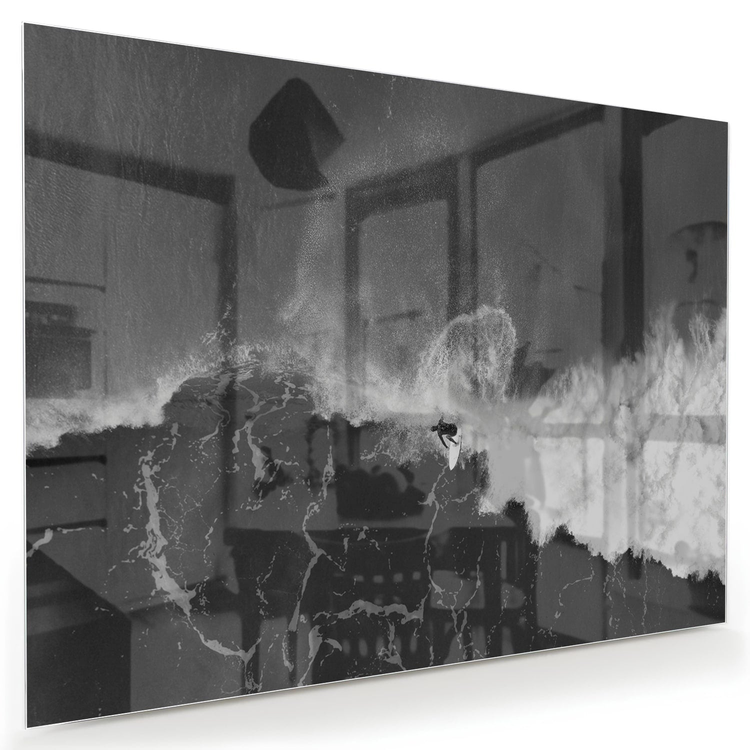 Abstract glazen schilderij in zwart-wit, perfect voor moderne interieurs.
