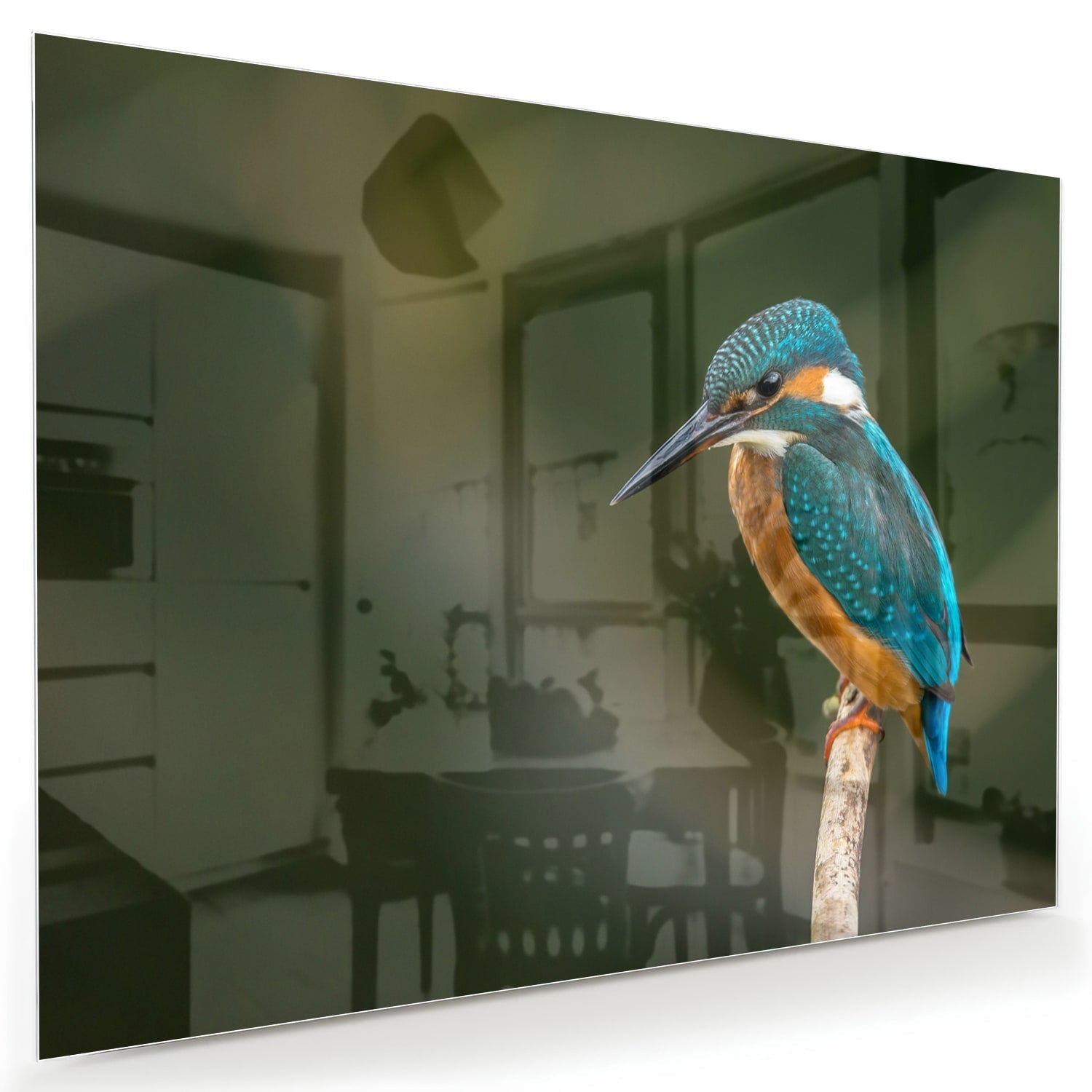 Een glazen schilderij van een ijsvogel die op een tak zit, kleurrijk en gedetailleerd.