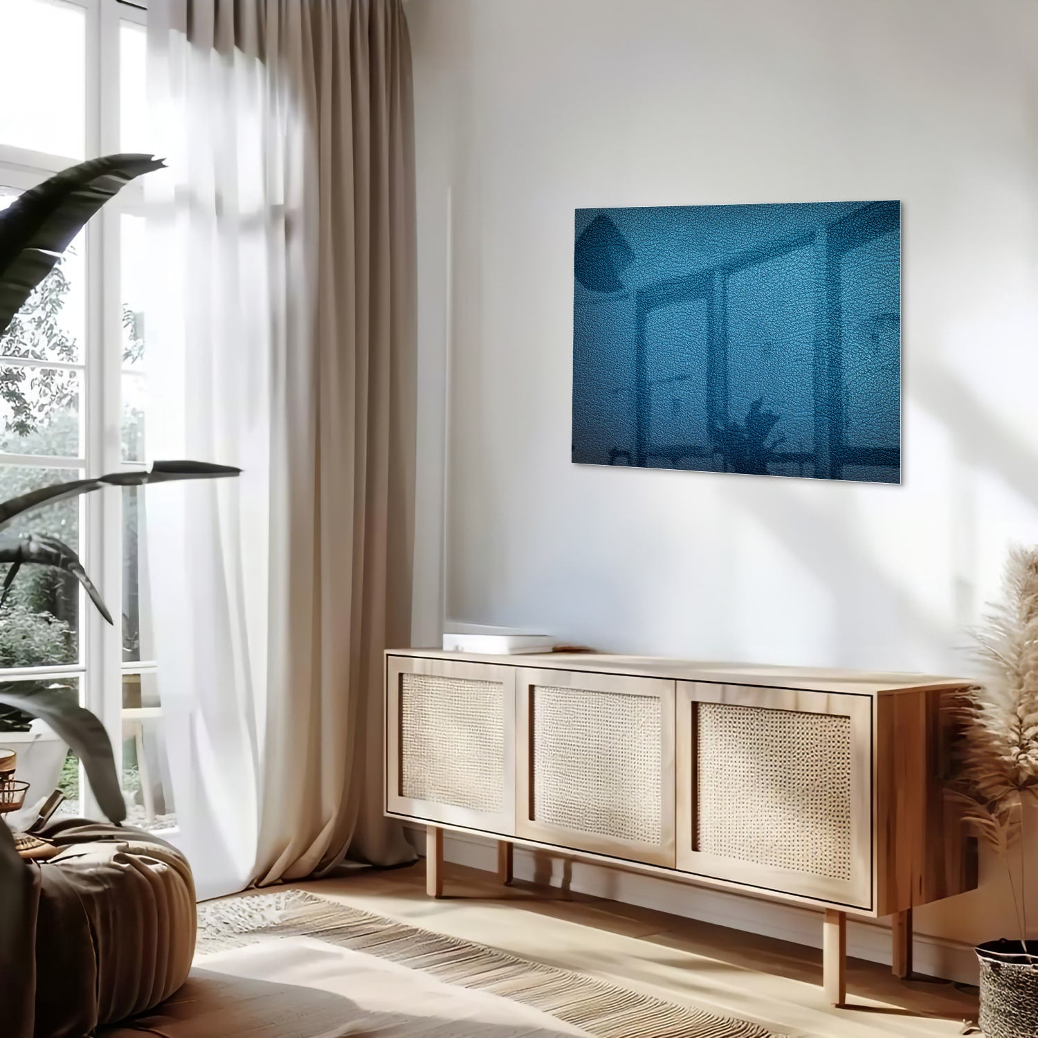 Blauw glazen schilderij met reflecties aan de muur in een moderne woonkamer.
