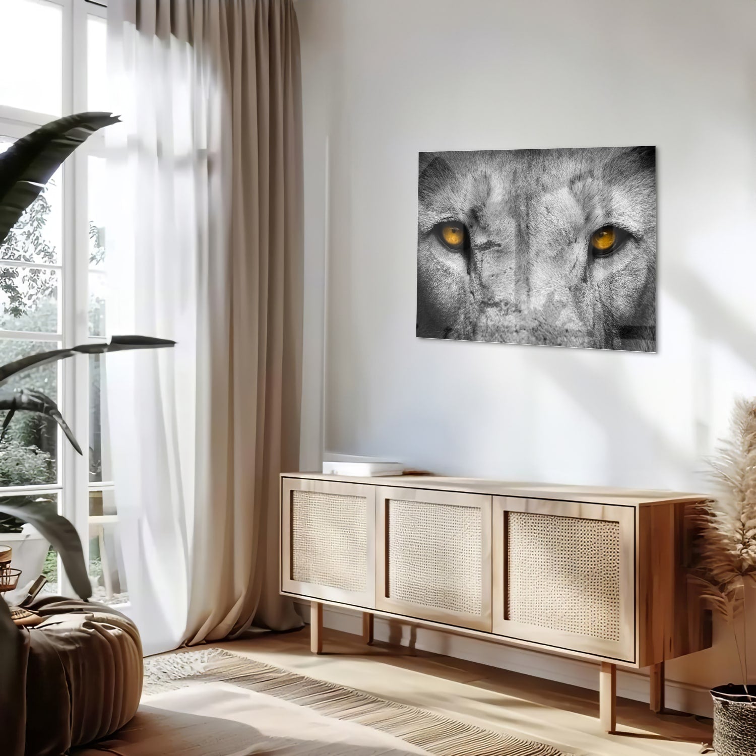 Glazen schilderij van een leeuw met gele ogen, prachtig voor aan de muur.
