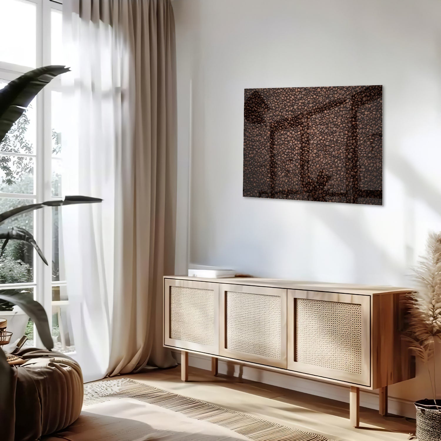 Glazen schilderij met abstracte patronen in warme kleuren aan de muur.