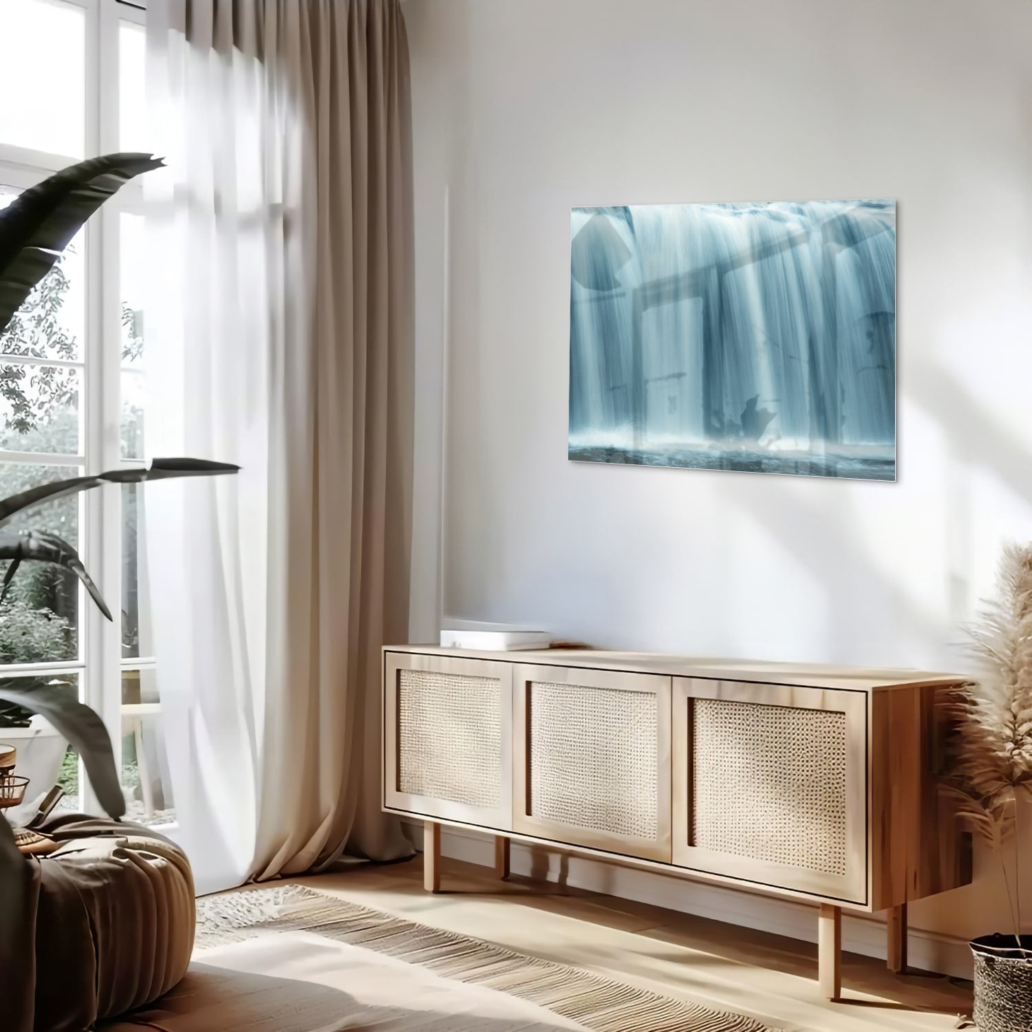 Glazen schilderij van watervallen in heldere blauwtinten, prachtig voor in huis.