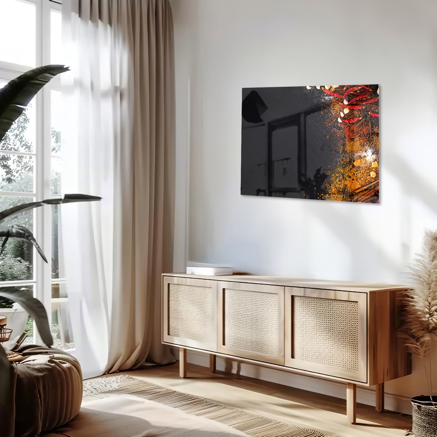 Abstract glazen schilderij met warme kleuren hangt aan de muur