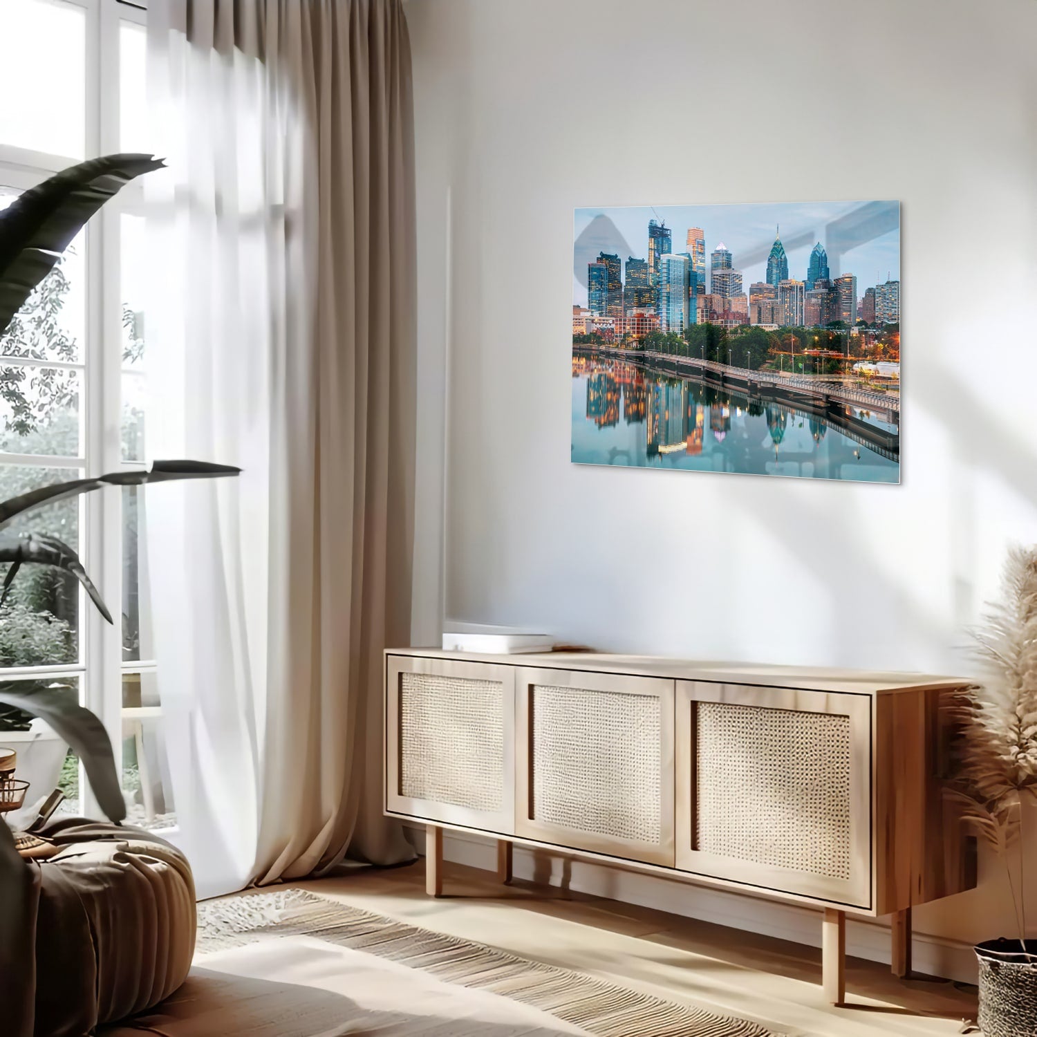 Glazen schilderij met een stadsgezicht en reflecties in het water