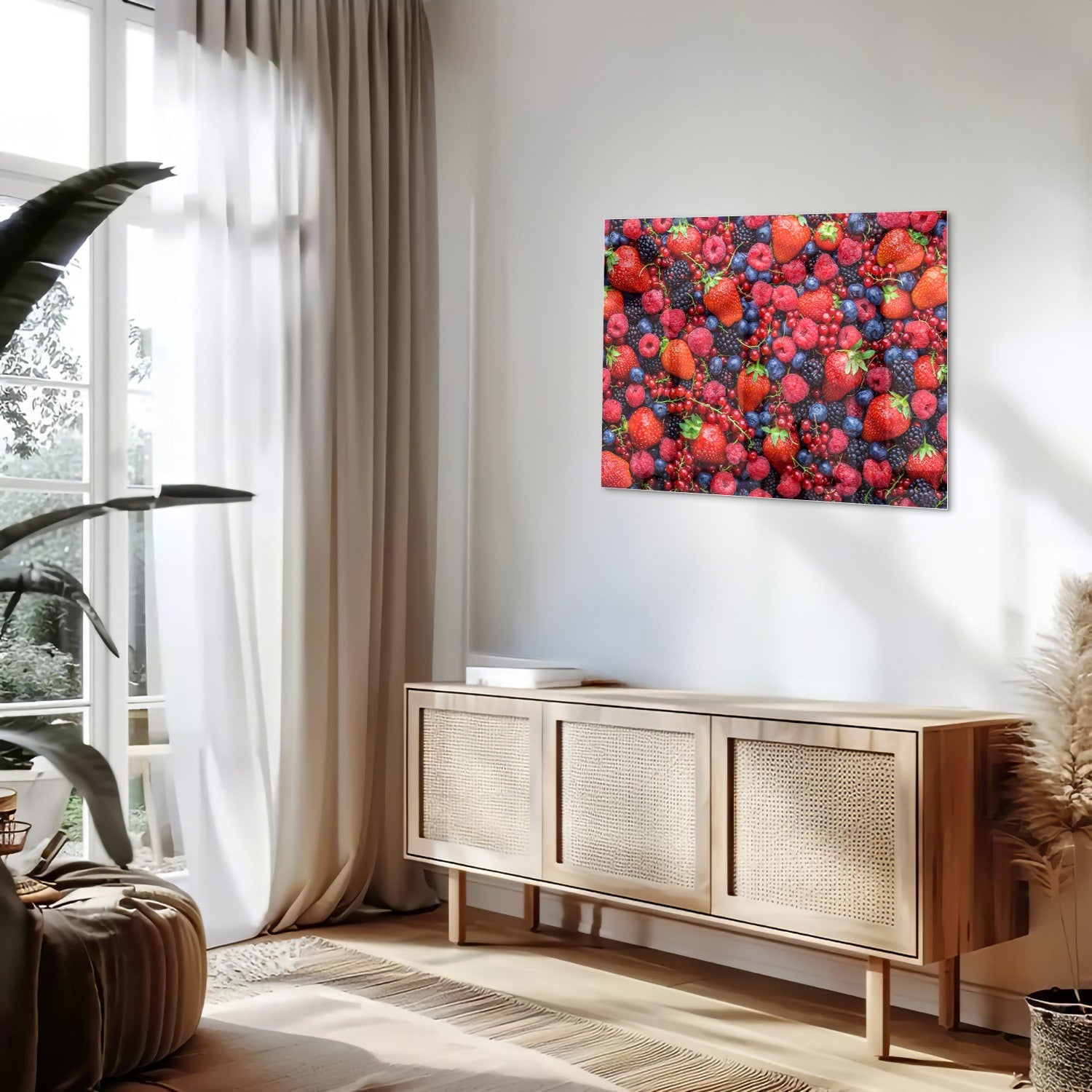Glazen schilderij met een kleurrijke afbeelding van bessen en fruit