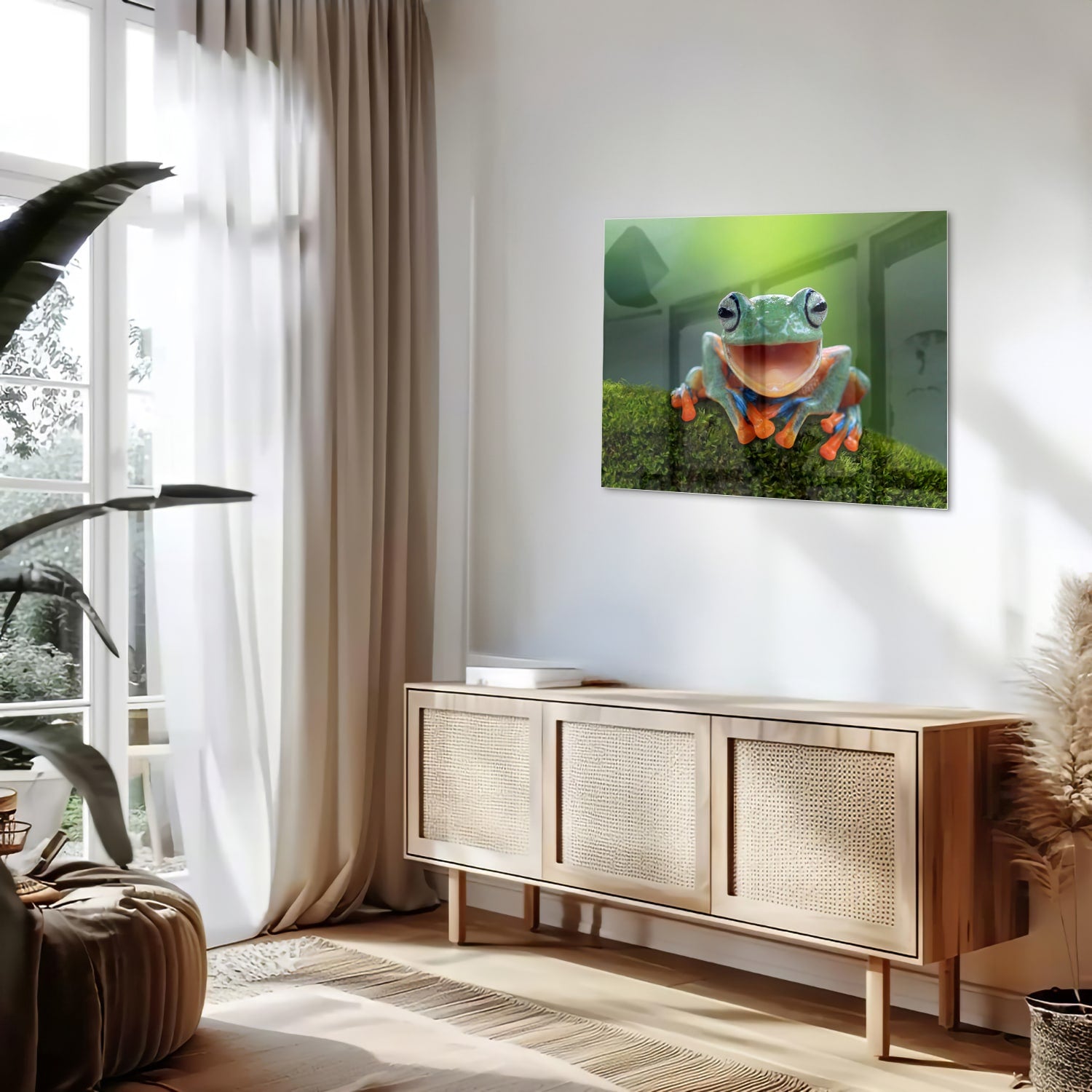 Glazen schilderij van een vrolijke boomkikker op een groene achtergrond
