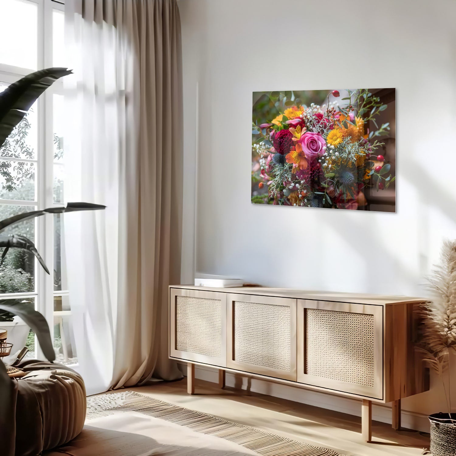 Glazen schilderij met een kleurrijk boeket bloemen aan de muur