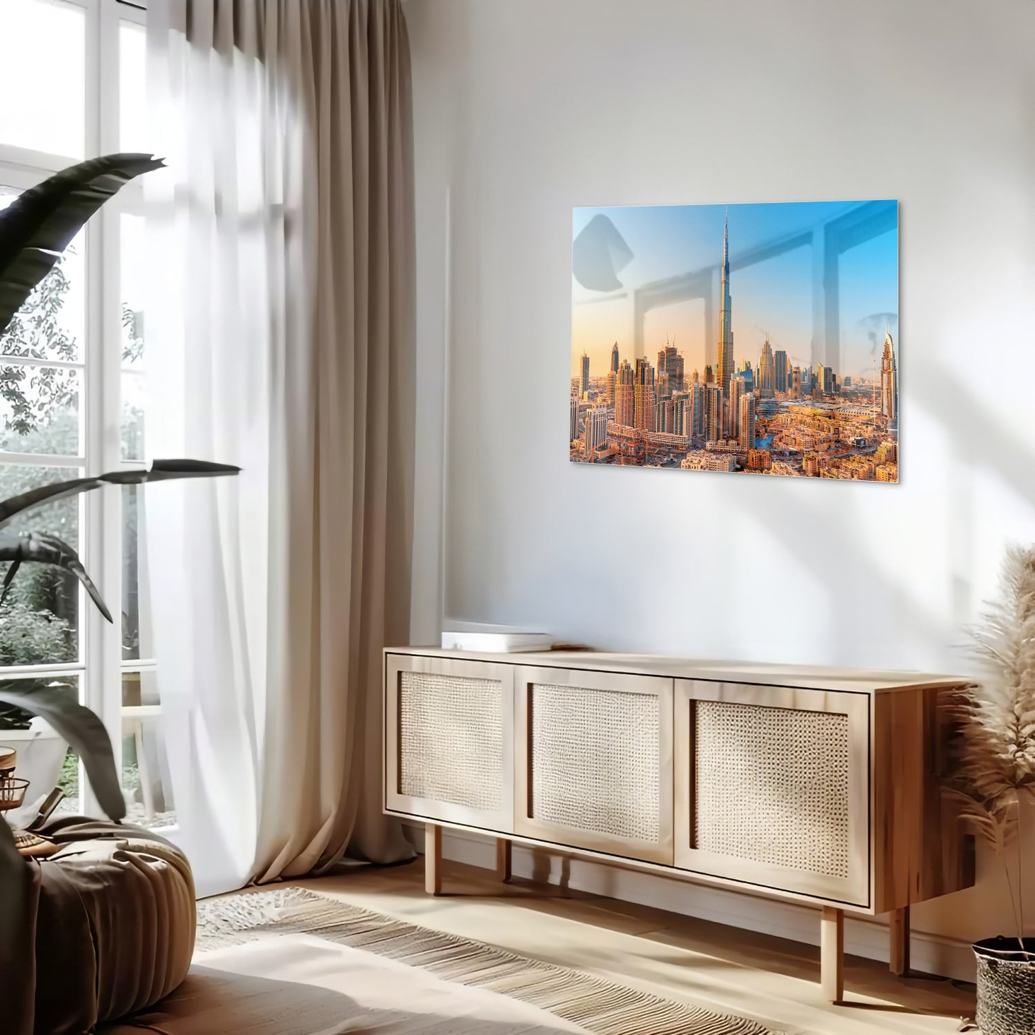 Glazen schilderij van de skyline van Dubai met Burj Khalifa tijdens zonsondergang