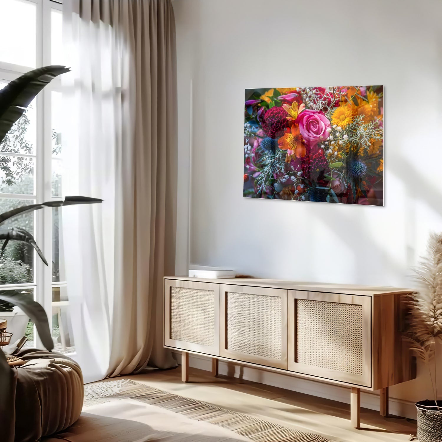 Glazen schilderij met een kleurrijke bloemenmix, inclusief rozen en andere bloemen.
