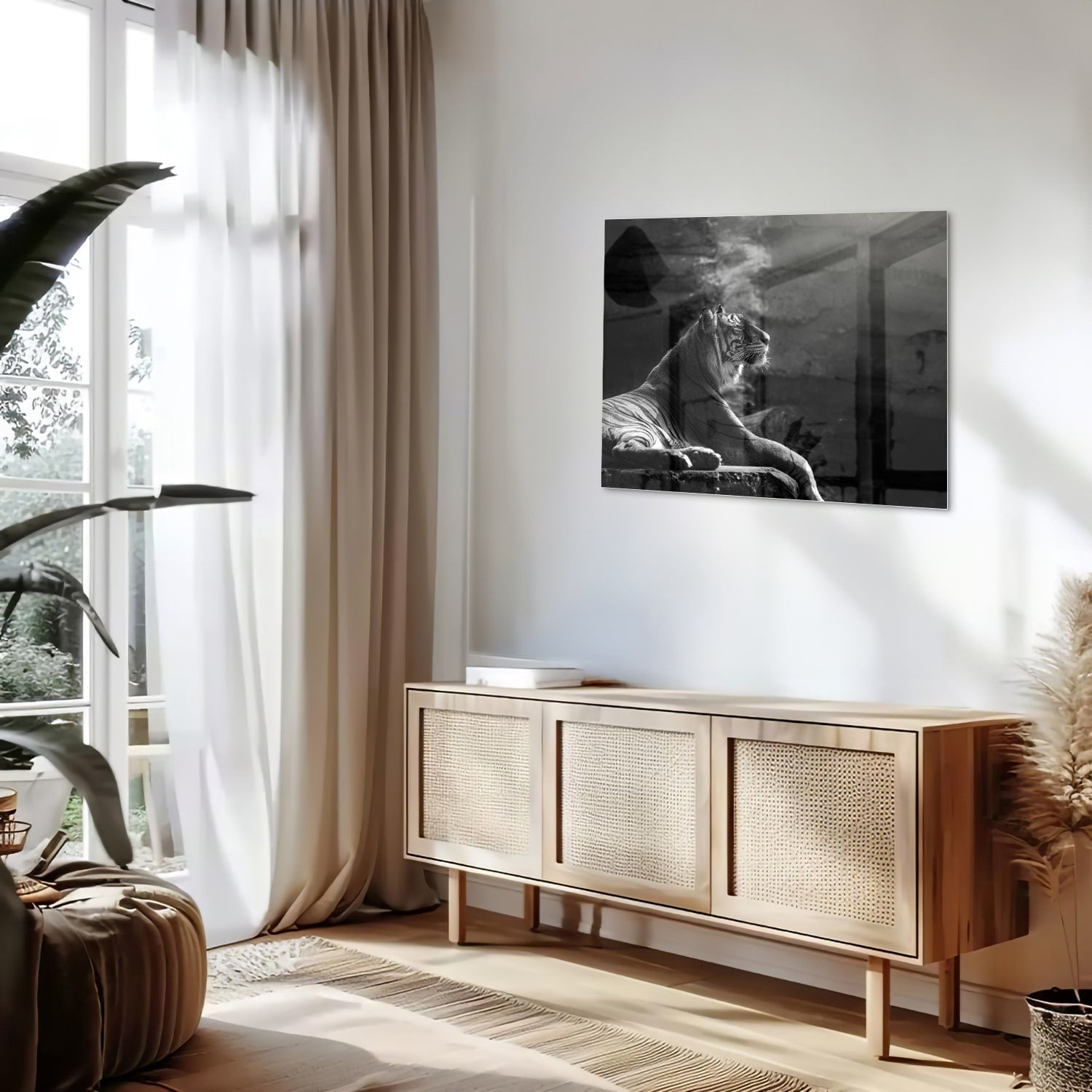 Glazen schilderij van een majestueuze tijger in zwart-wit