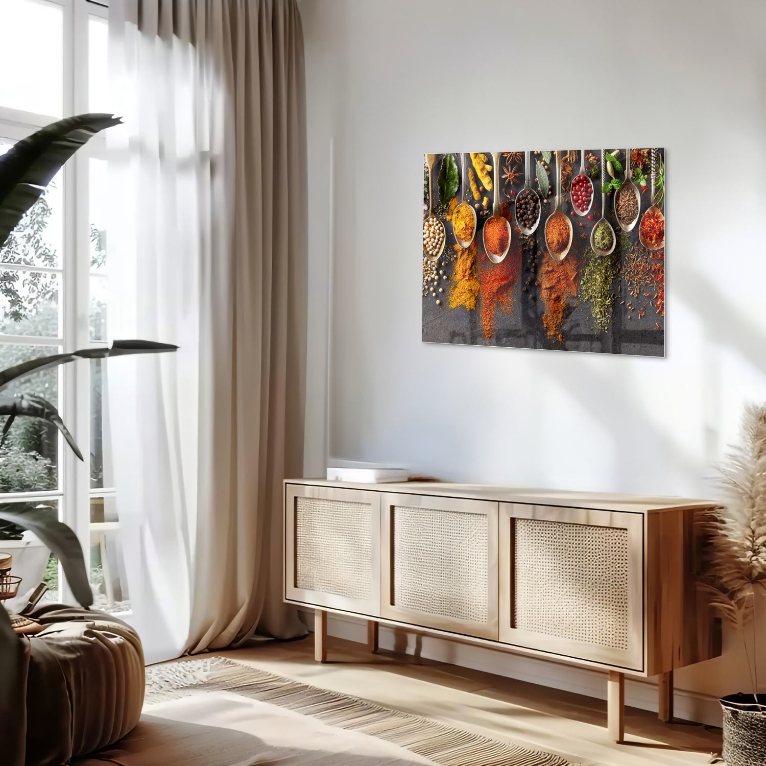 Glazen schilderij met verschillende kruiden en specerijen op een donkere achtergrond.