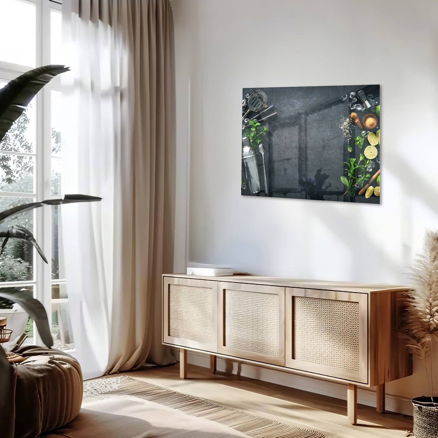 Glazen schilderij met kruiden en citroenen op een moderne muur.
