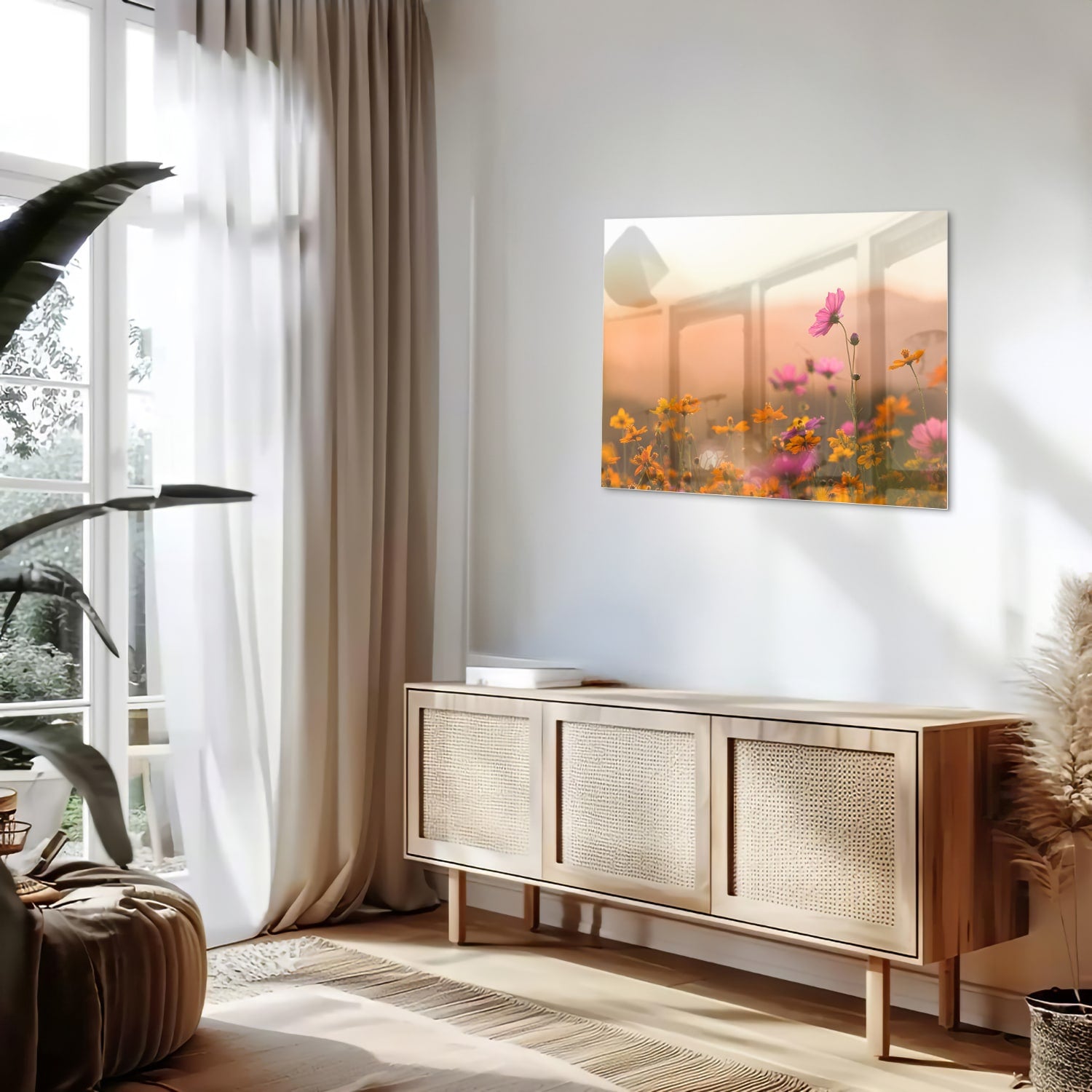 Glazen schilderij met kleurrijke bloemen tegen een pastelachtergrond.