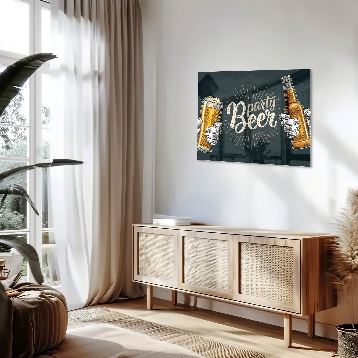 Feestelijk glazen schilderij met twee handen die bier vasthouden.