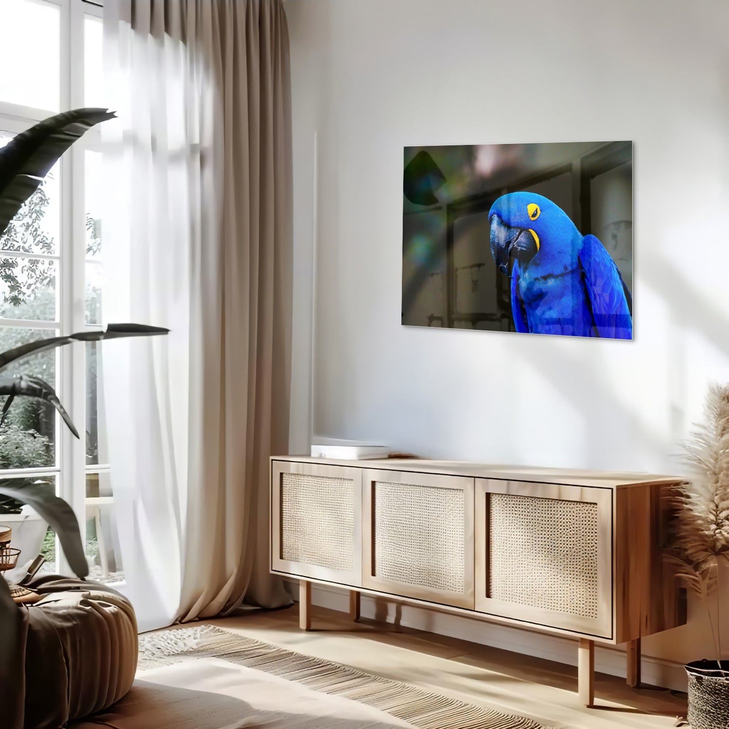 Glazen schilderij van een blauwe ara, ideaal voor wanddecoratie.